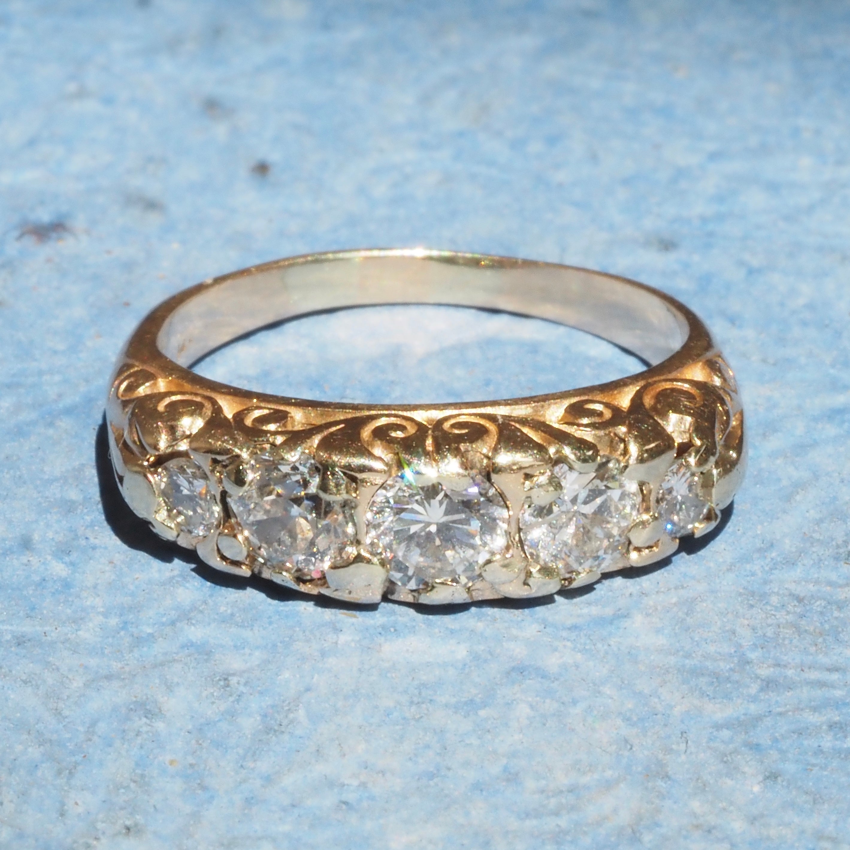 Antique Five Stone Diamond 14k Gold Half Hoop Ring