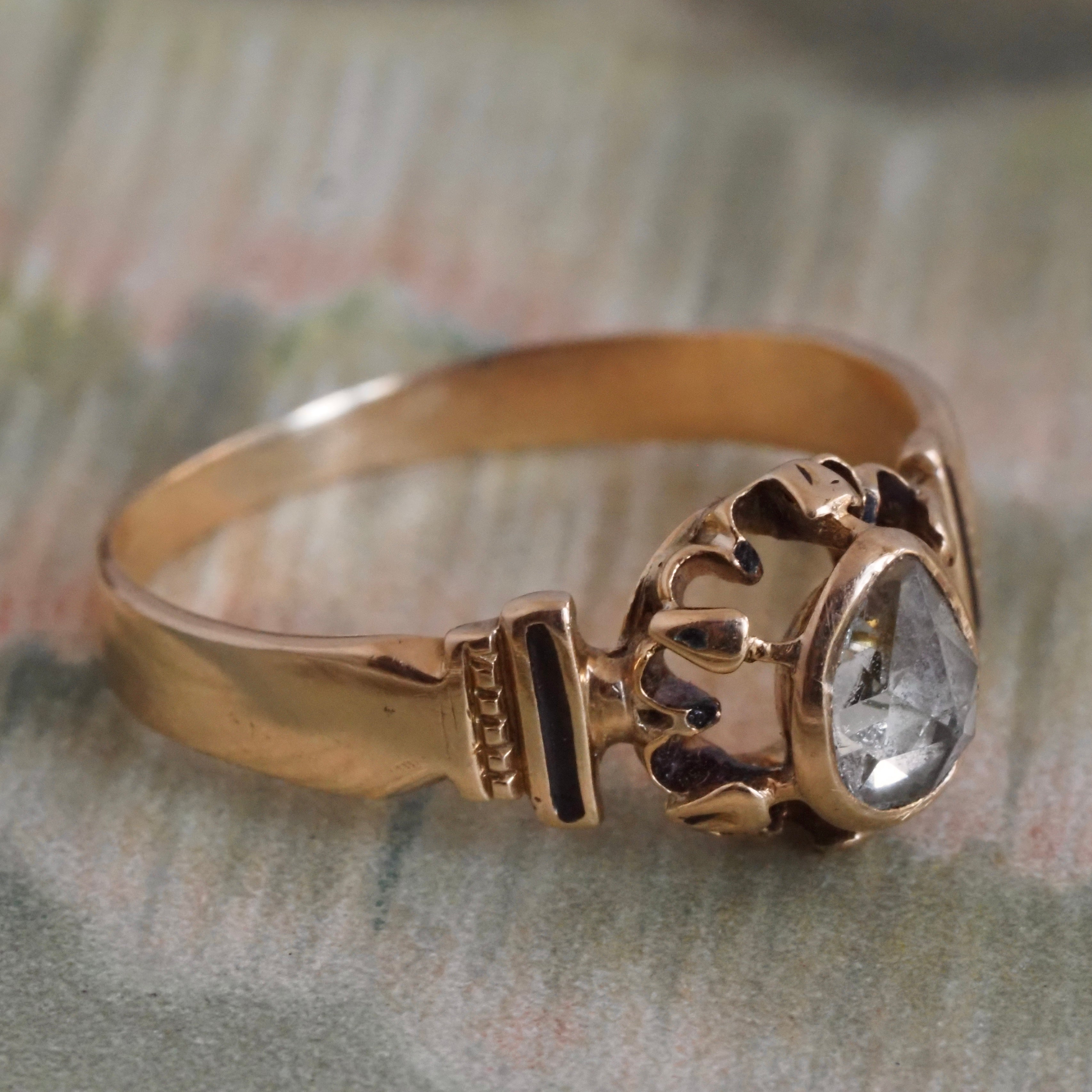 Antique Victorian Foil Backed Pear Rose Cut Diamond Black Enamel 14k Gold Ring
