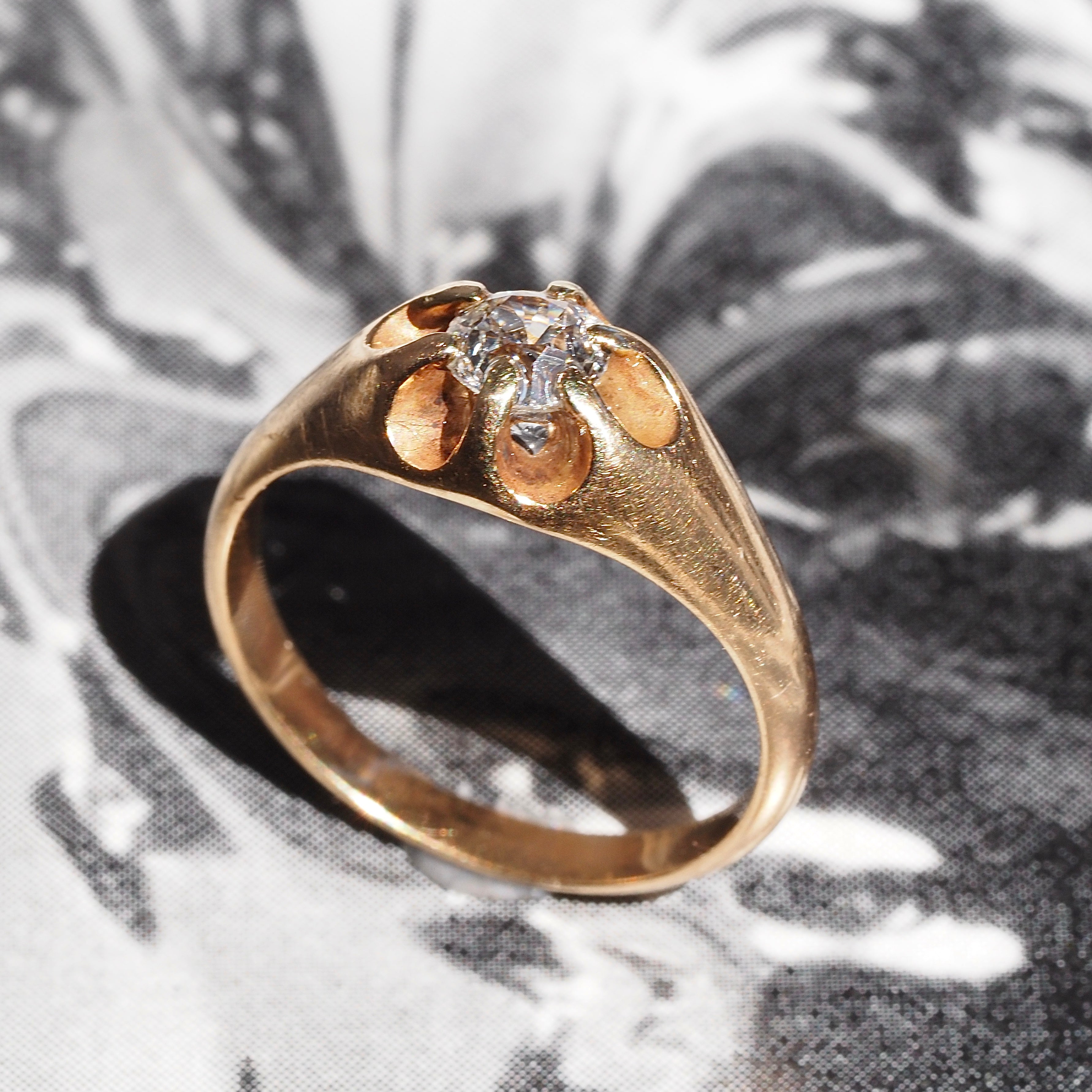 Antique Old Mine Cut Diamond Belcher Set 14k Gold Engagement Ring