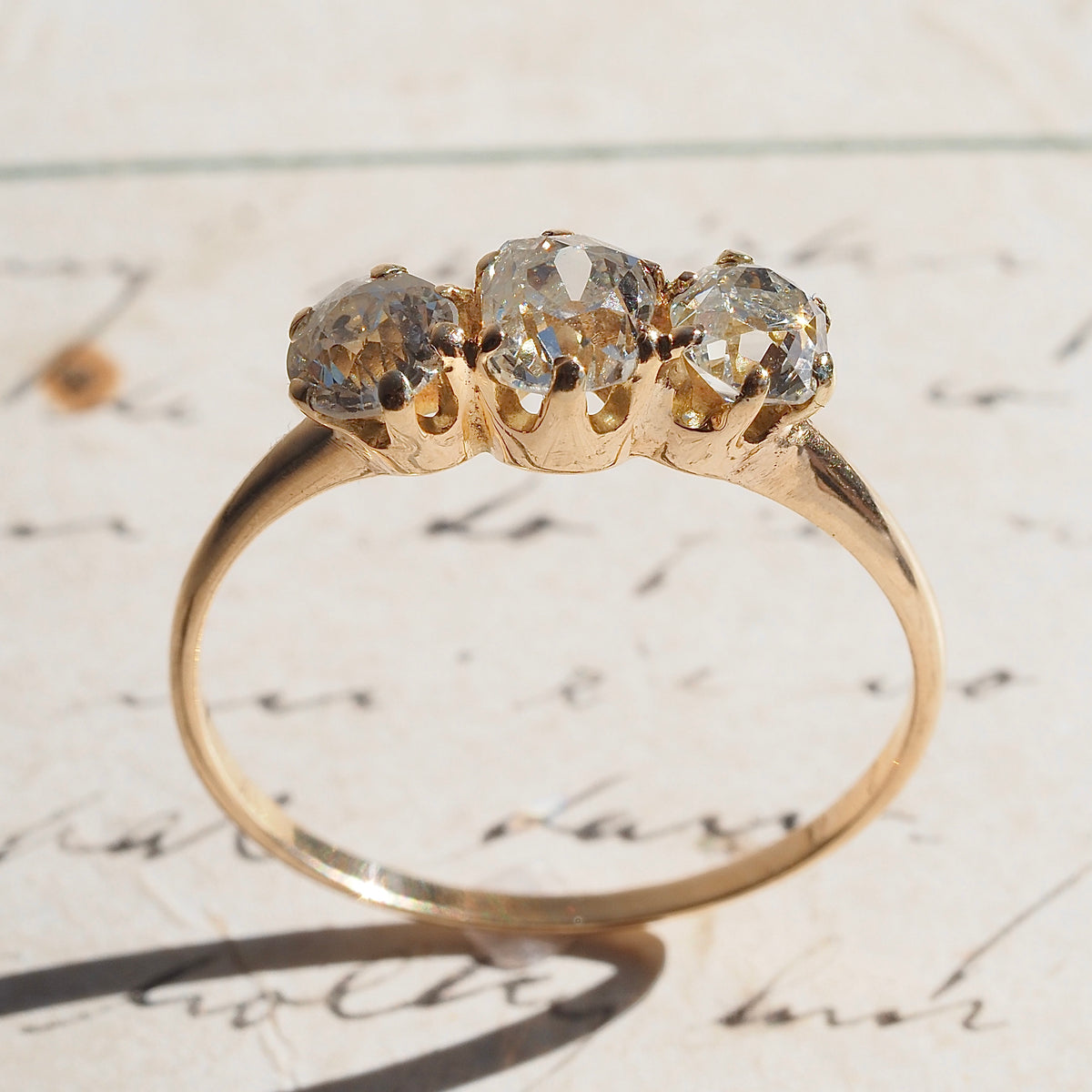 Antique Trilogy Old Mine Cut Diamond 14k Gold Engagement Ring