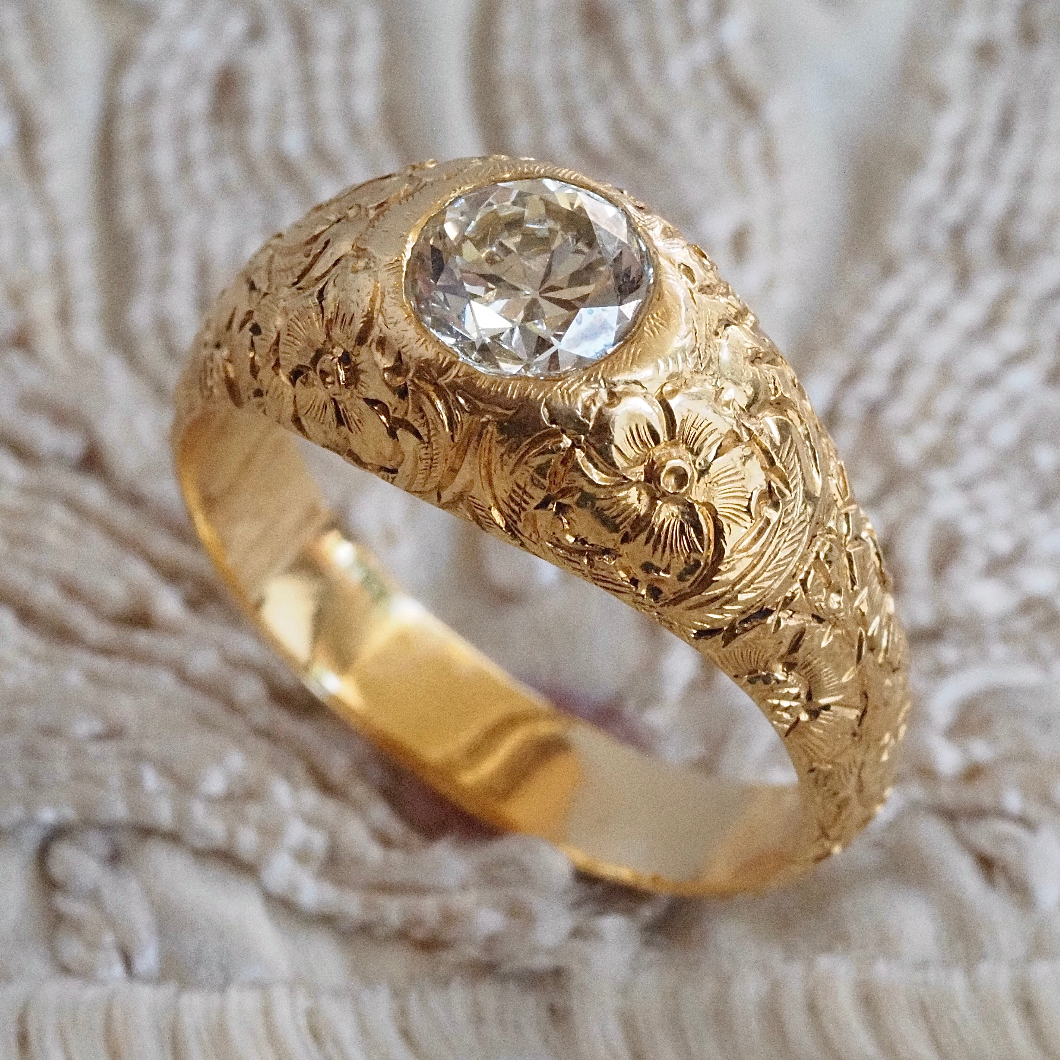 Vintage Portuguese Floral Engraved 19k Gold 1.26ct Old European Cut Diamond Ring