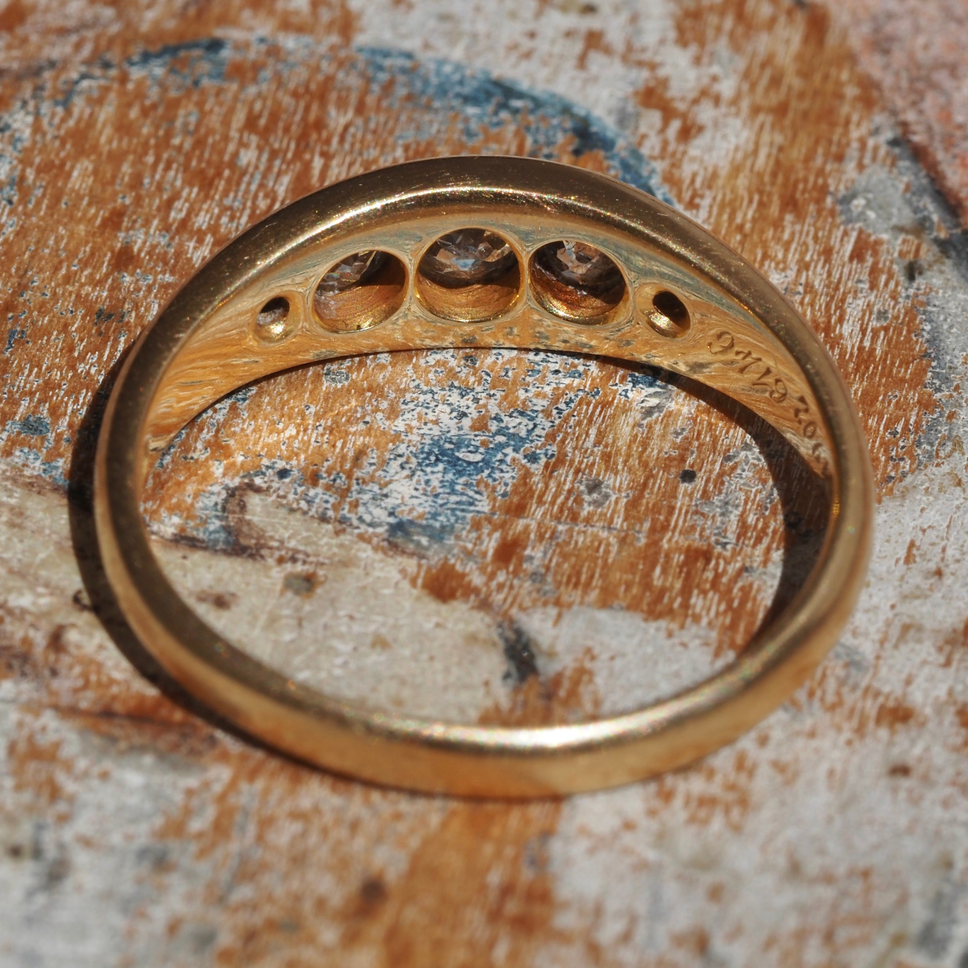 Antique English c. 1902 Old Mine Cut Diamond Five Stone 18k Gold Boat Engagement Ring