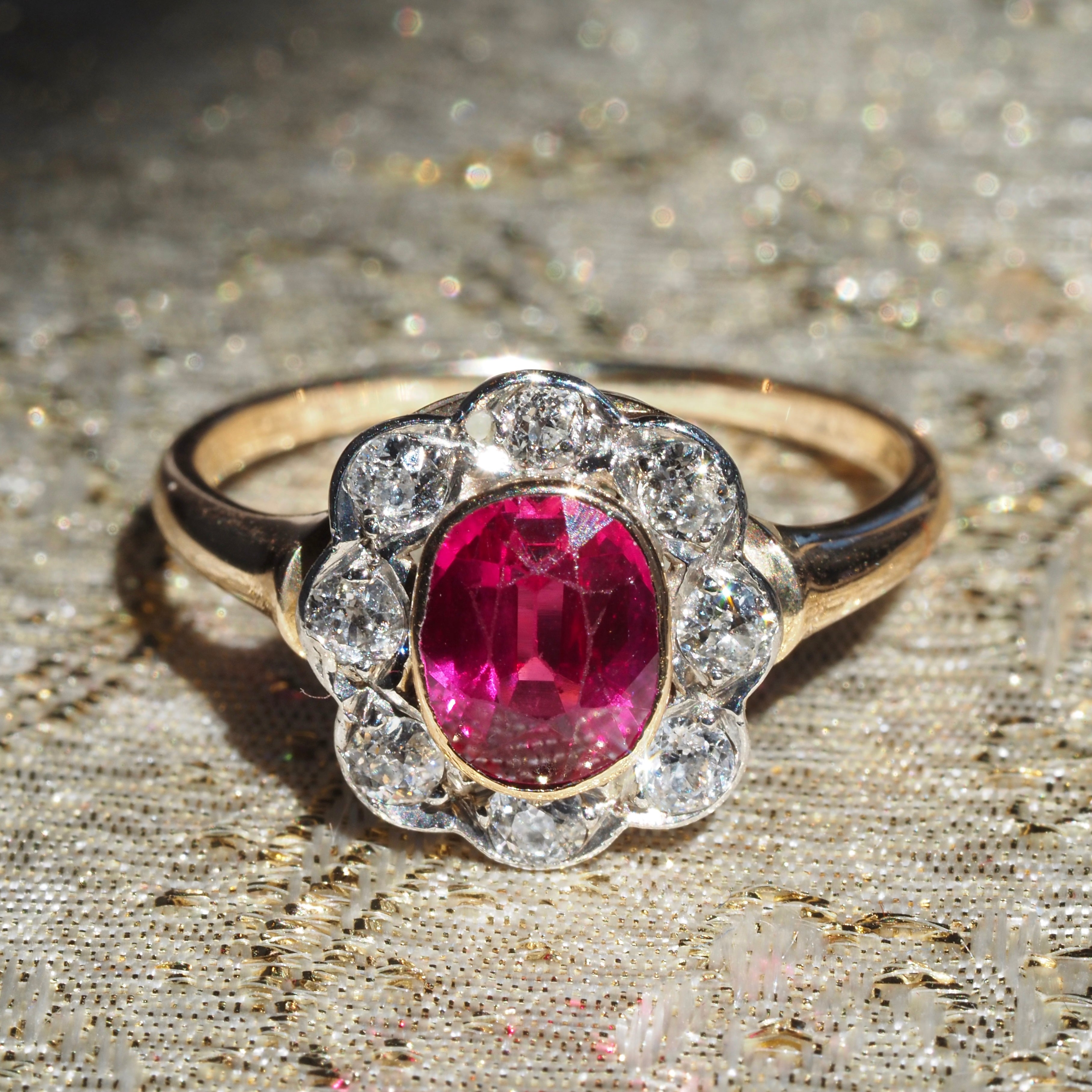 Antique Ruby and Old Mine Cut Diamond Flower 14k Gold Ring