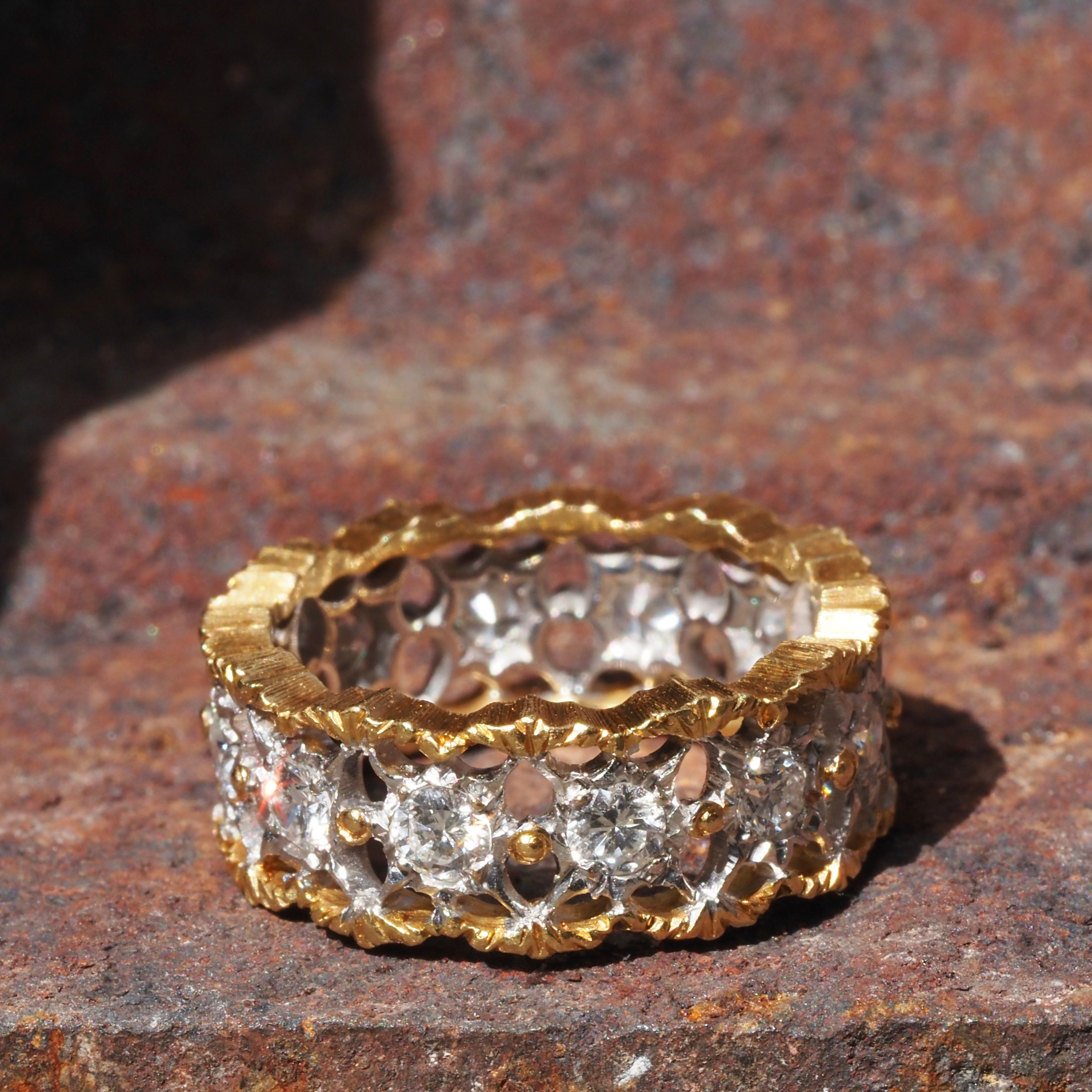 Vintage Italian 18k White and Yellow Gold Diamond Rigato Lace Eternity Ring