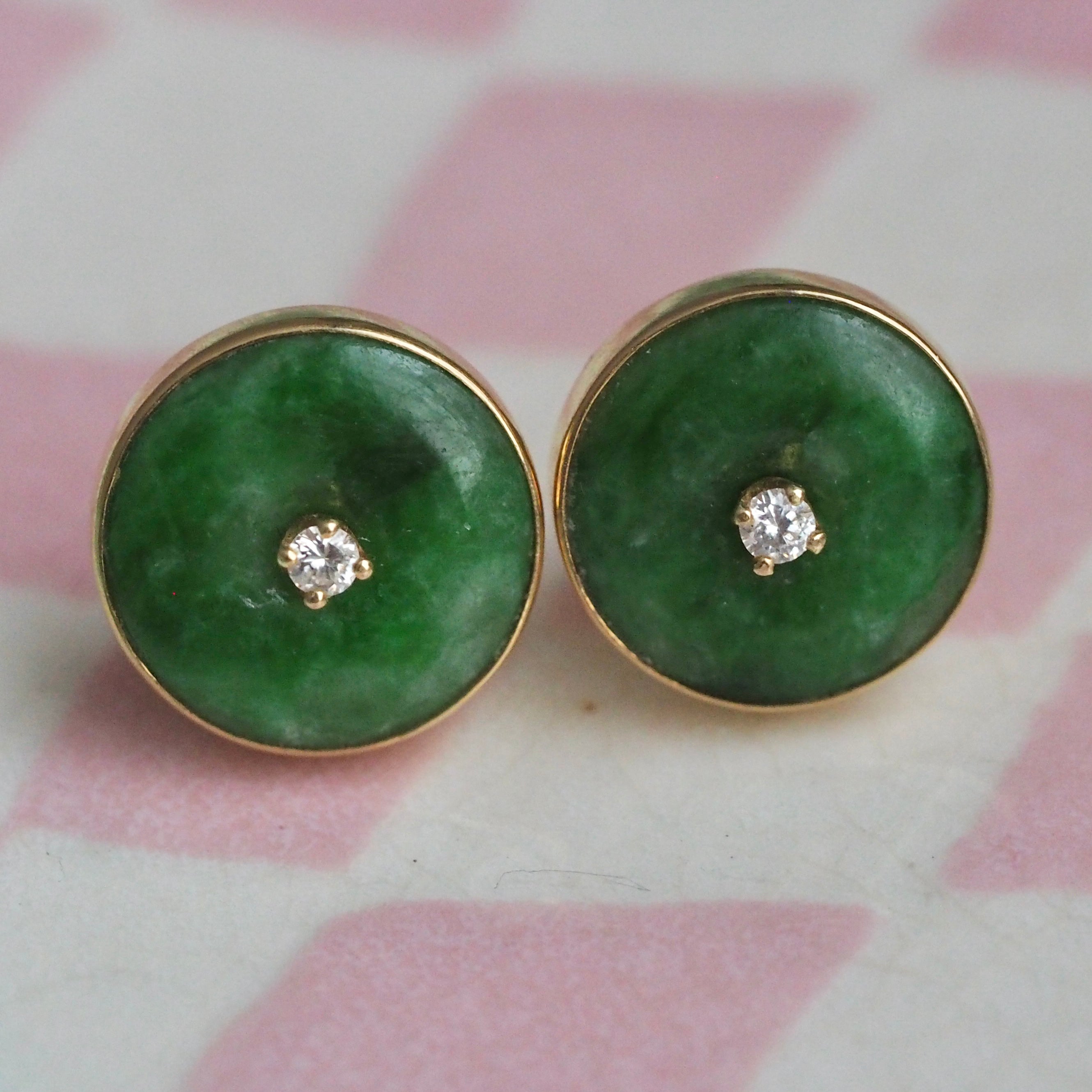 Vintage 18k Gold Jade & Diamond Earrings