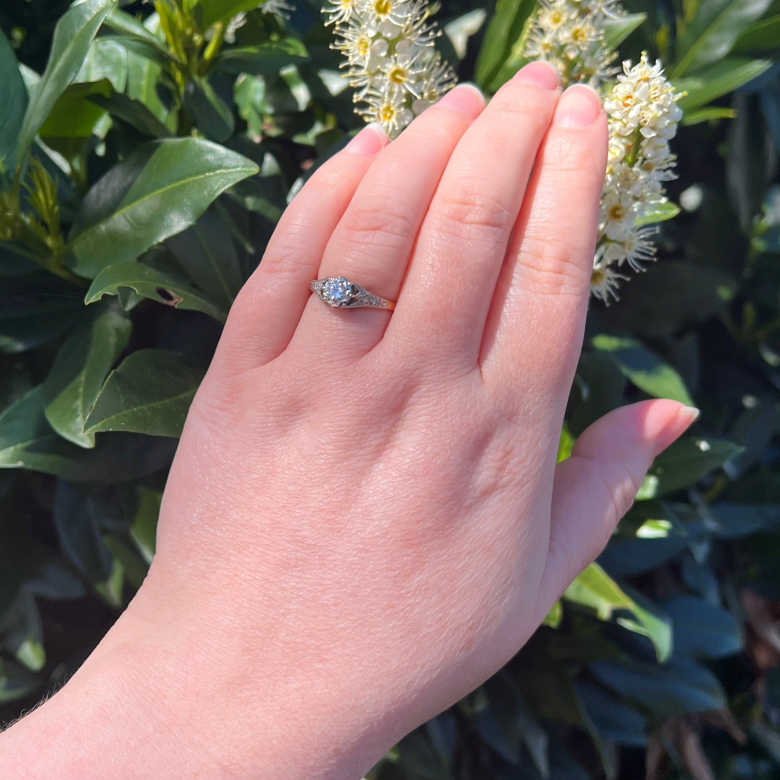 Antique Edwardian 18k White and Yellow Gold Transitional Cut Diamond Solitaire Engagement Ring
