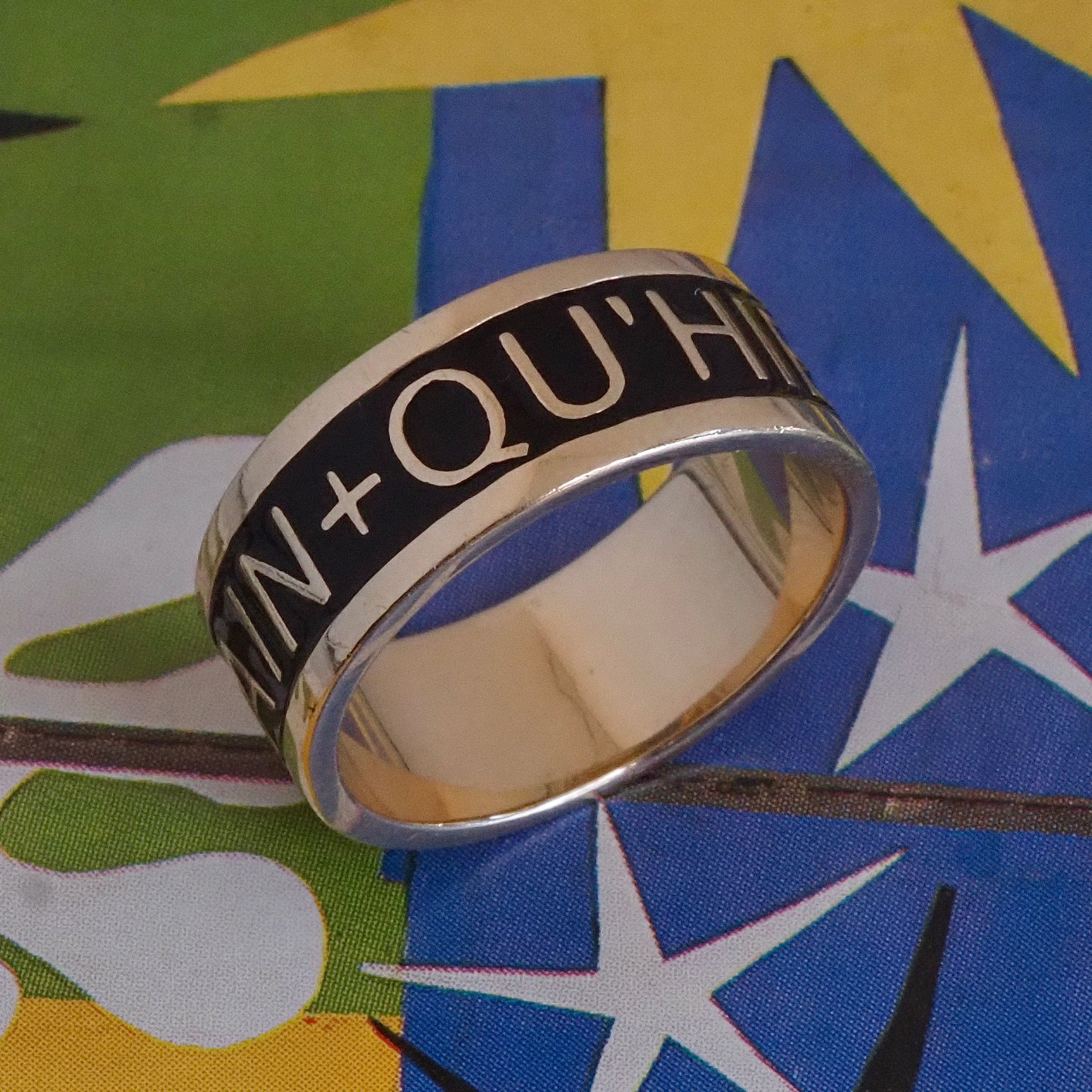 Qu'Heir Que Demain "More Than Yesterday, Less Than Tomorrow" 14k Gold Black Enamel Wide Band