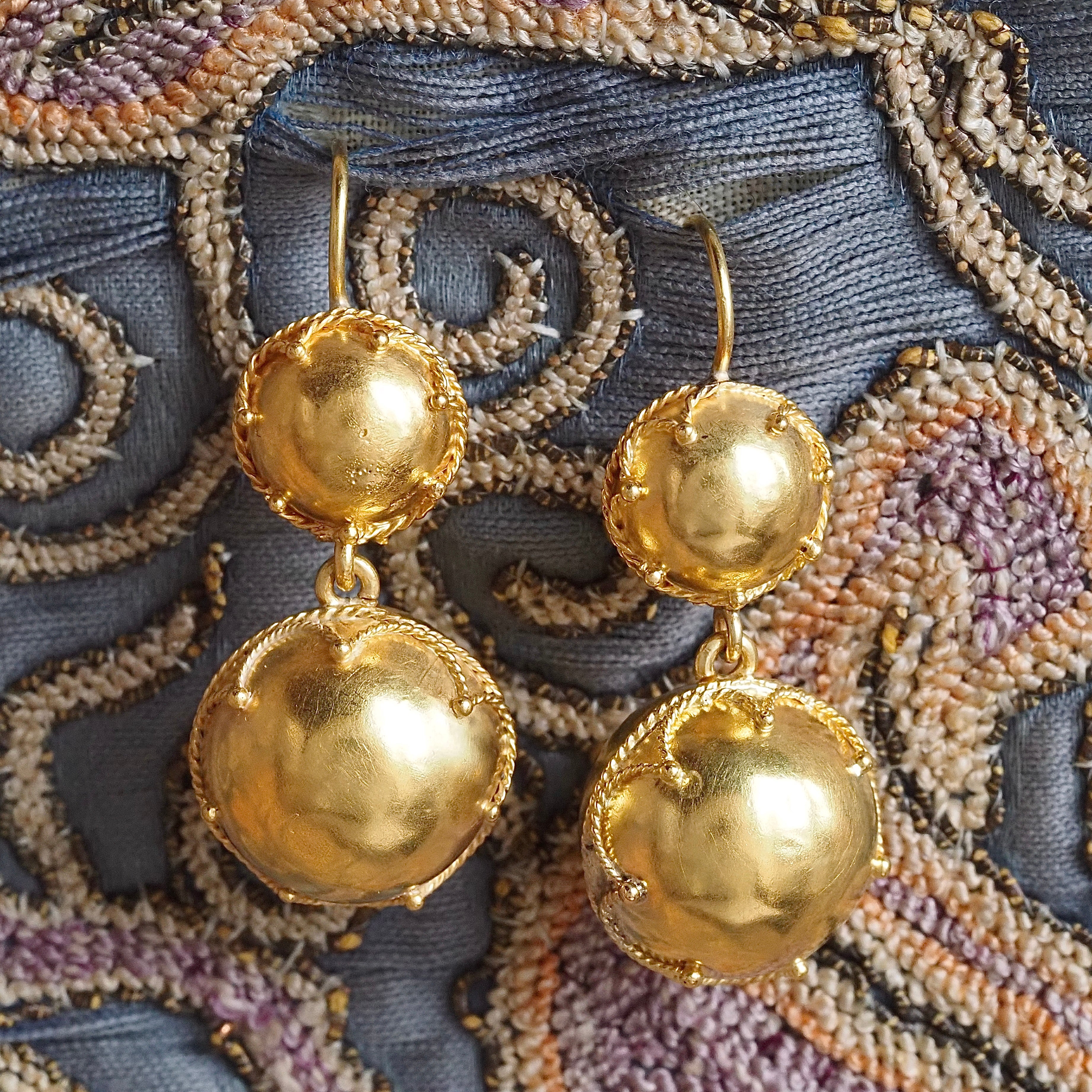 Antique Victorian Etruscan Revival 18k Double Orb Drop Earrings