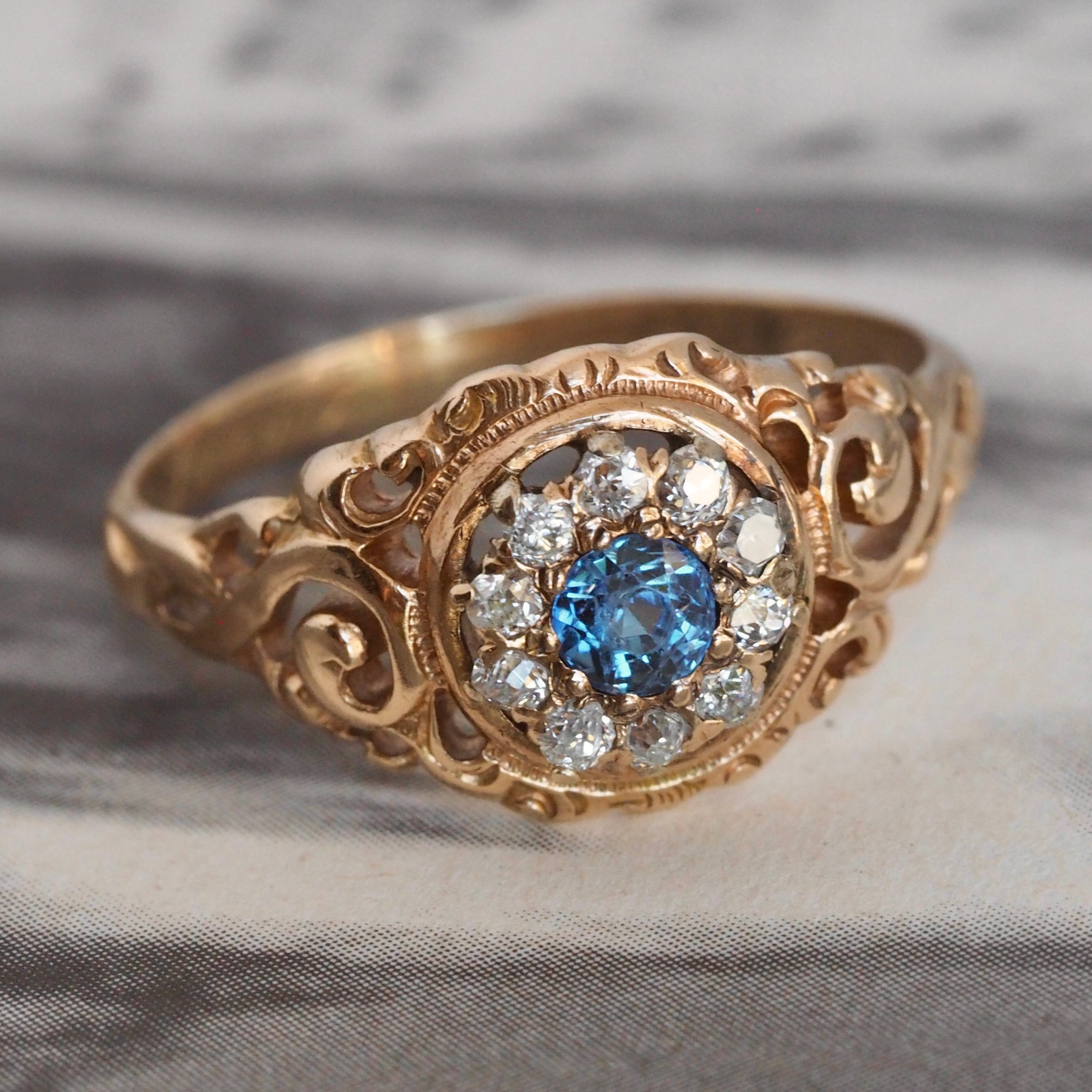 Art Nouveau 14k Gold Natural Sapphire and Diamond Halo Ring