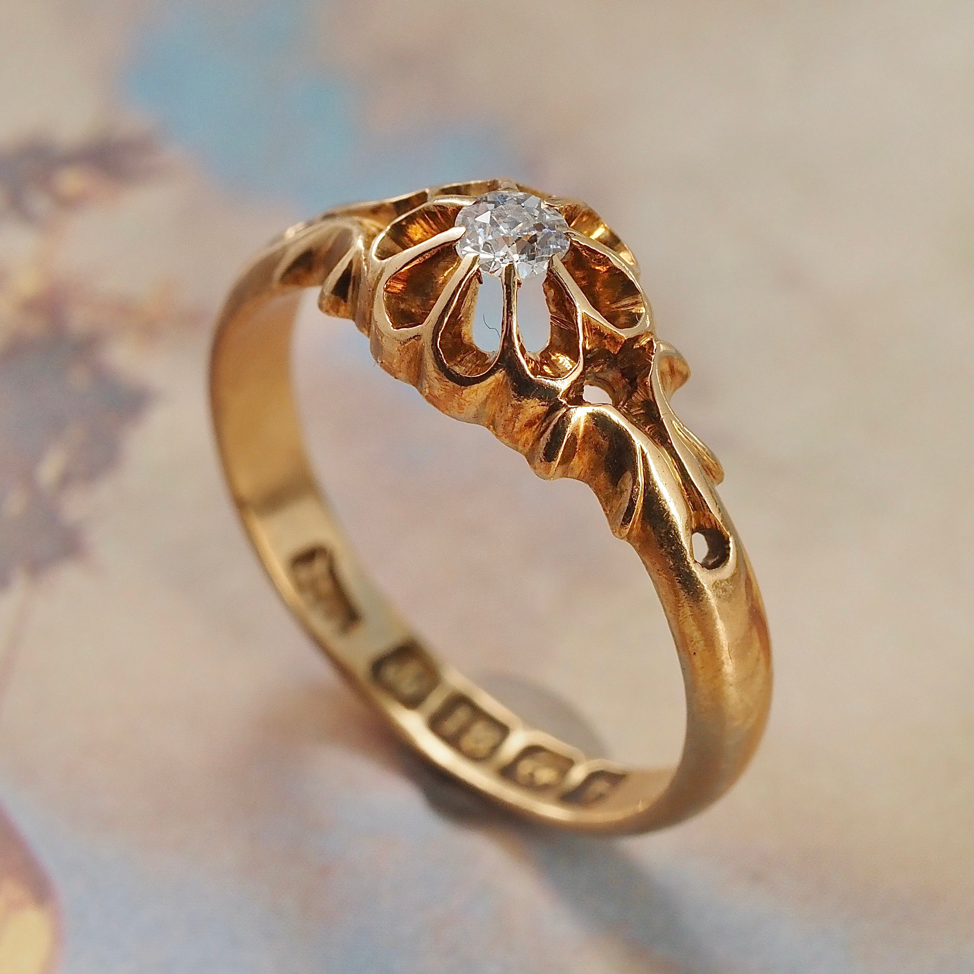 Antique English c. 1918 Old Mine Cut Diamond Belcher Set 18k Gold Engagement Ring