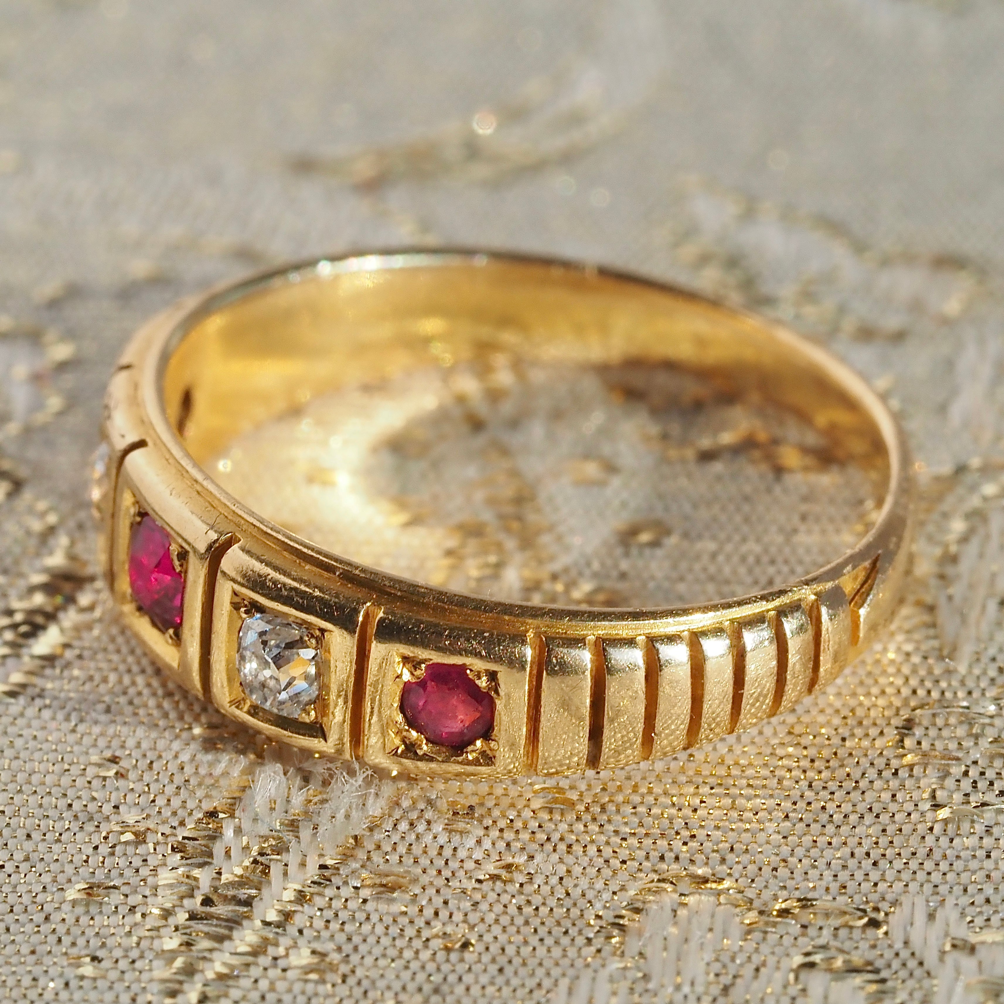 Antique Old Mine Cut Diamond and Ruby 18k Gold Five Stone Ring