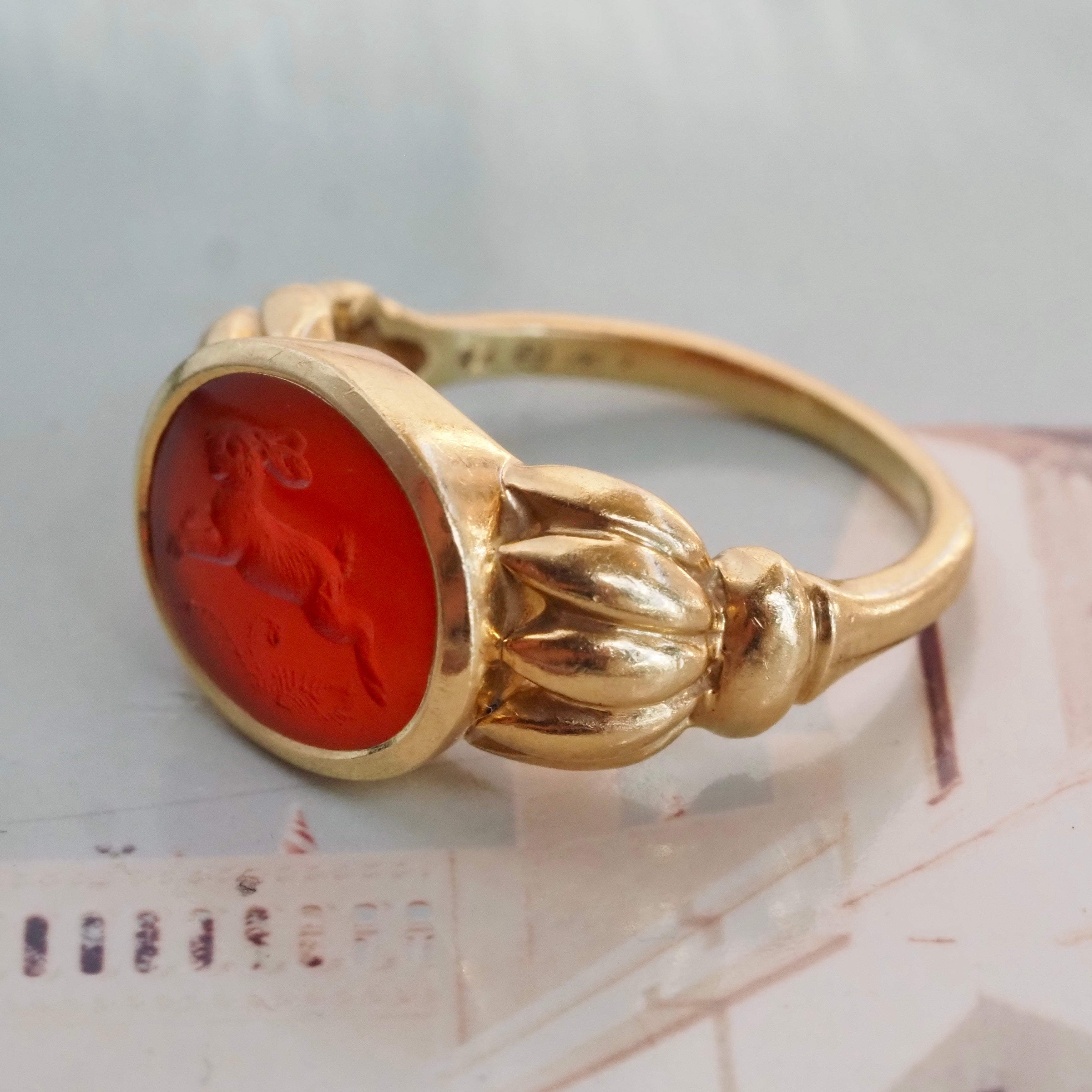 Vintage Carnelian Rabbit Intaglio 18k Gold Signet Ring