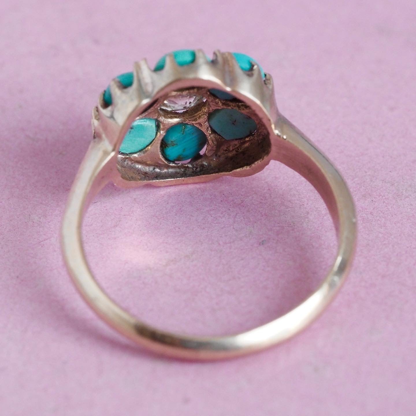 Victorian 10k Gold Turquoise and Old Mine Cut Diamond Flower Ring