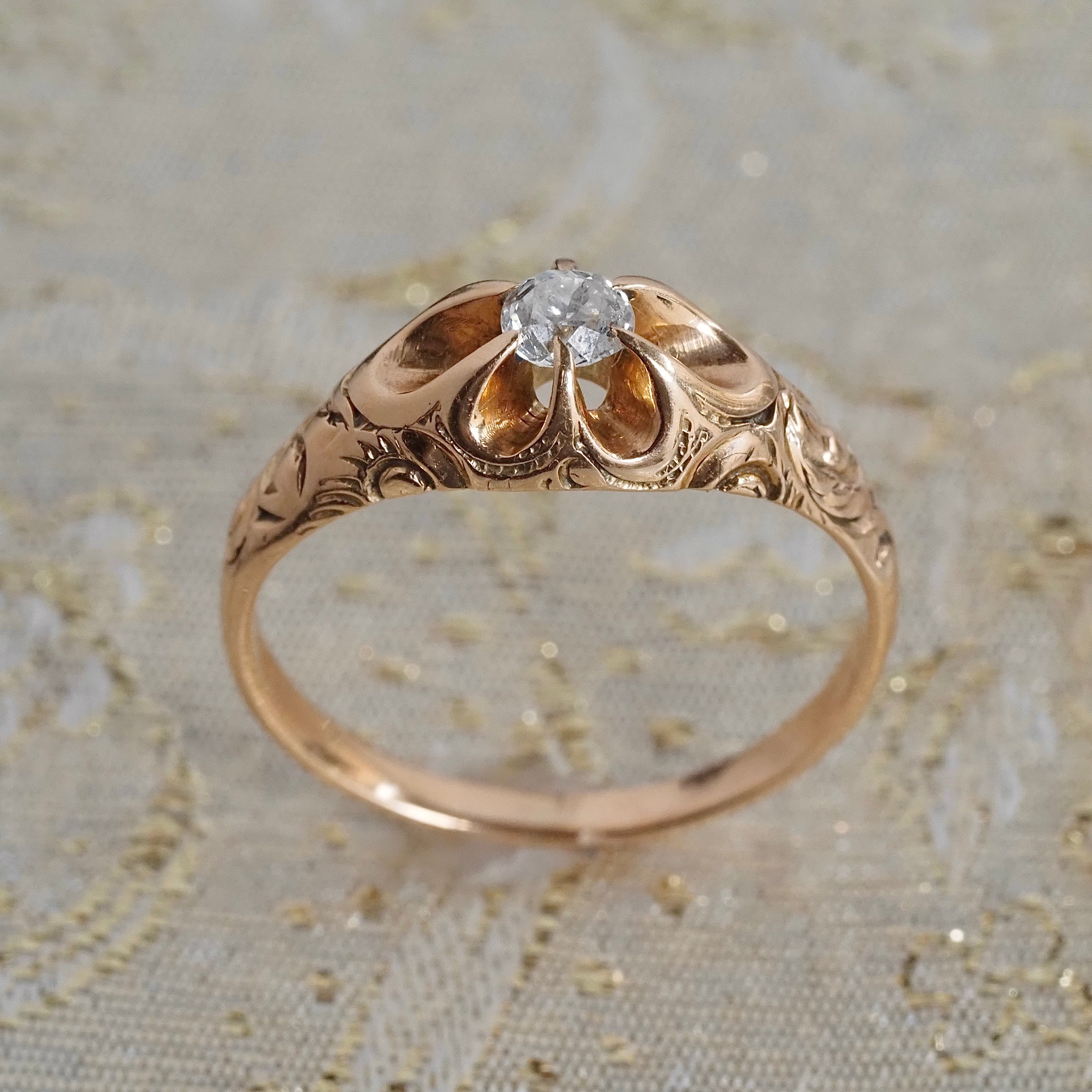 Antique Old European Cut Diamond 14k Gold Engraved Belcher Set Engagement Ring