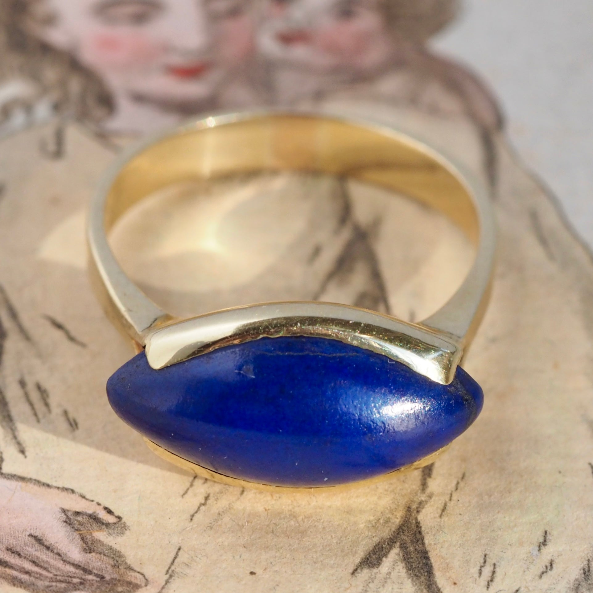 Vintage Modernist 18k Gold Marquise Lapis Ring