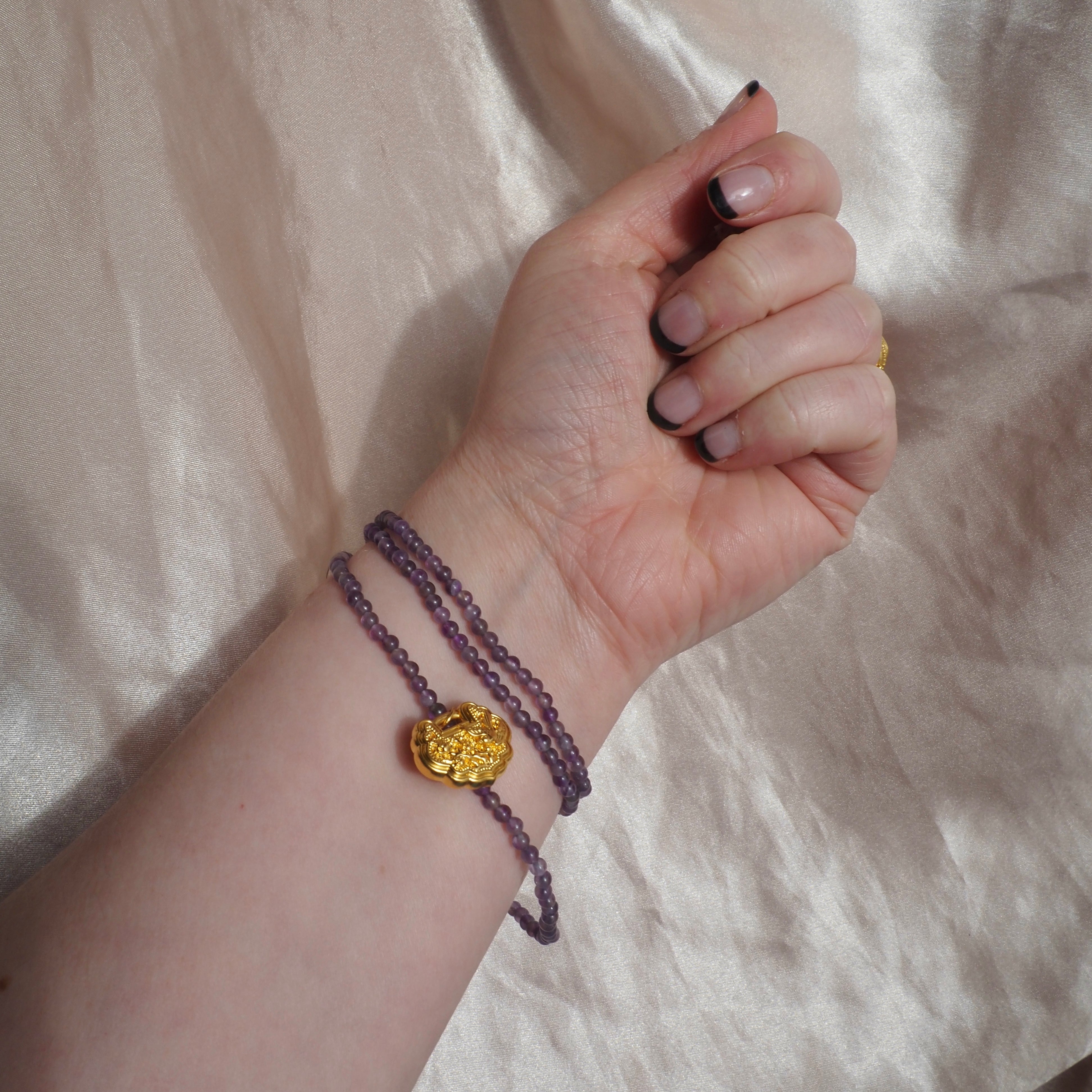 Vintage Chinese Amethyst Bead 24k Gold Lock Charm Necklace