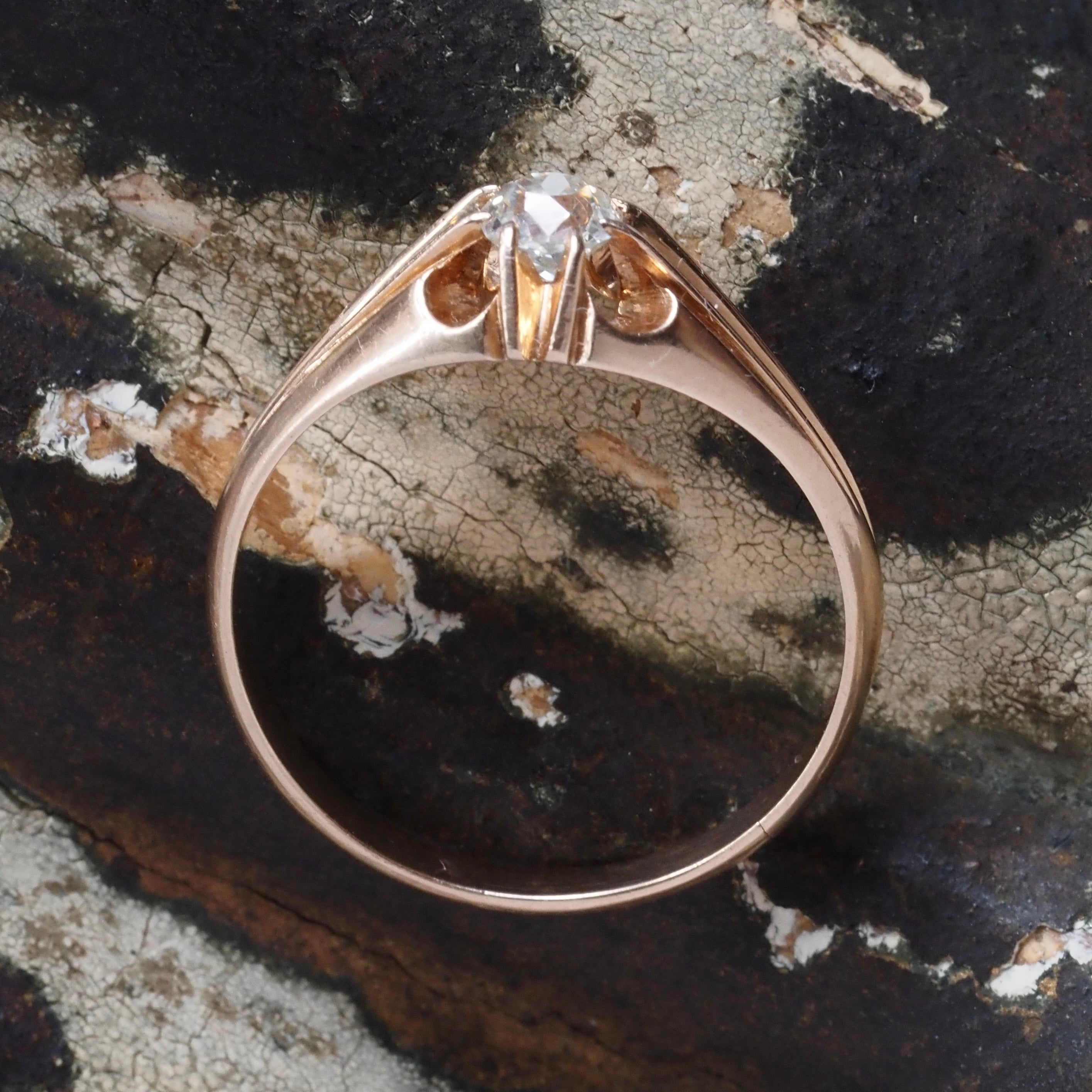 Antique Old Mine Cut Diamond in Vintage Polish 14k Gold Belcher Set Engagement Ring