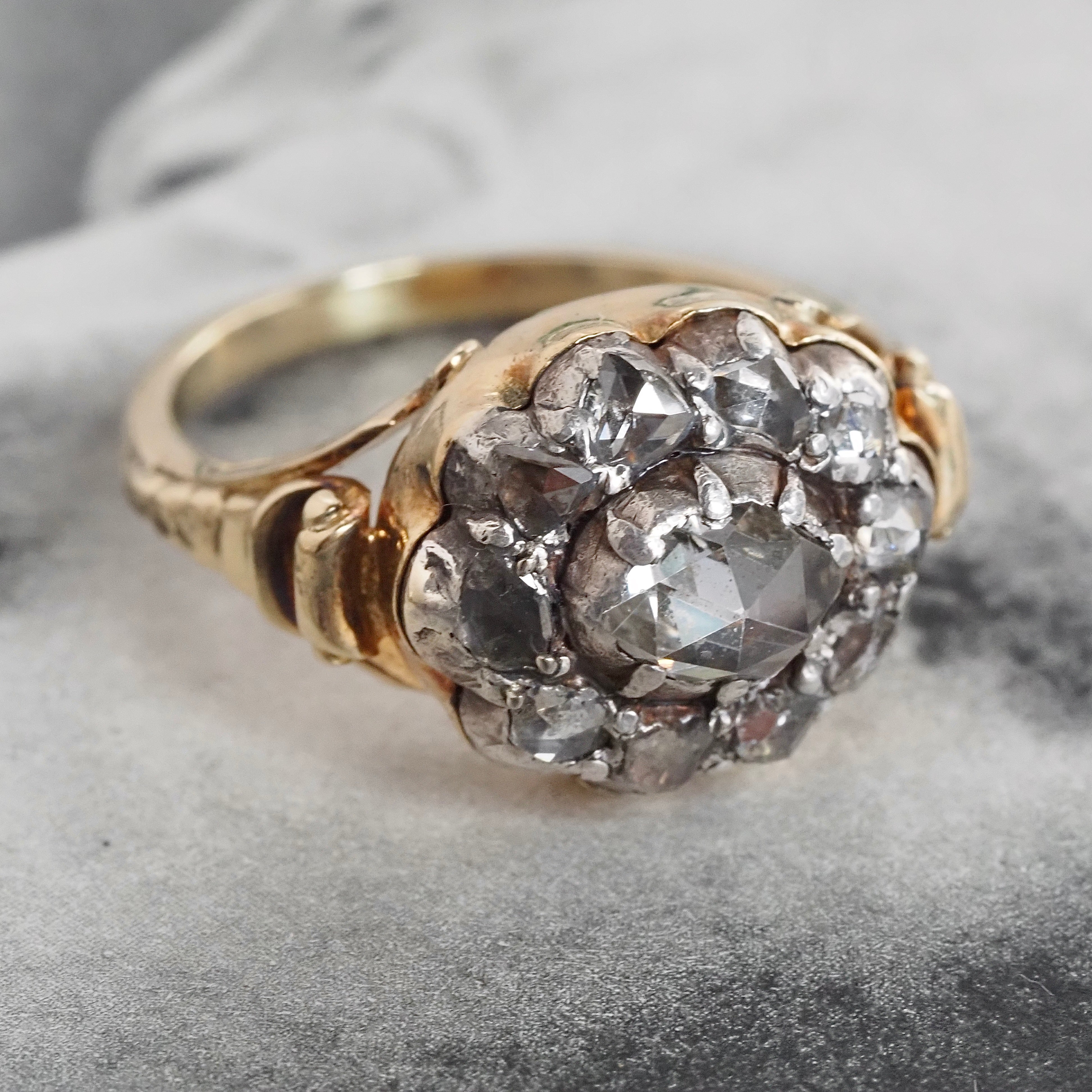 Antique Georgian c. 1800-1810 18k Gold Foil Backed Rose Cut Diamond Cluster Ring