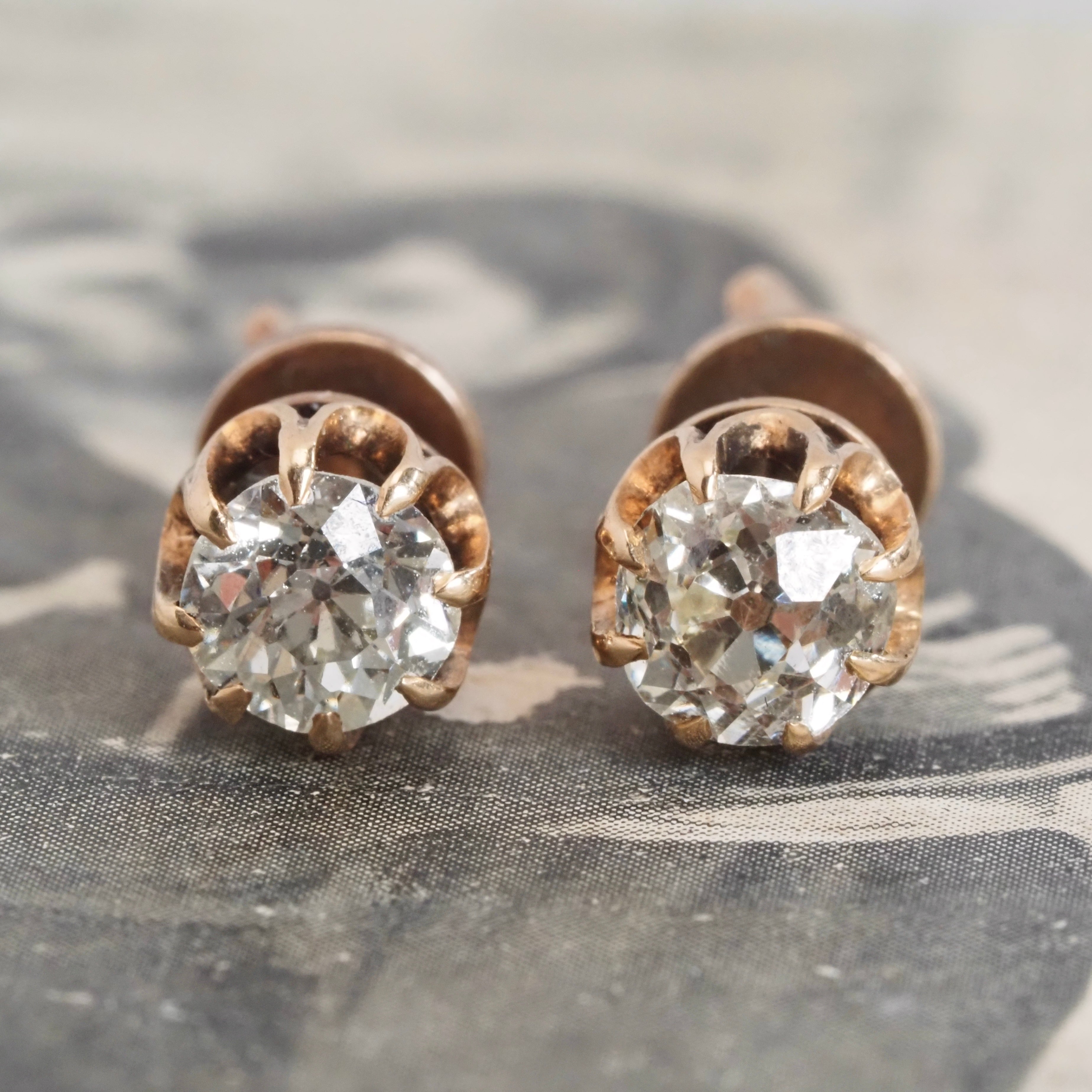 Antique Victorian 14k Gold Old Mine Cut Diamond Stud Earrings