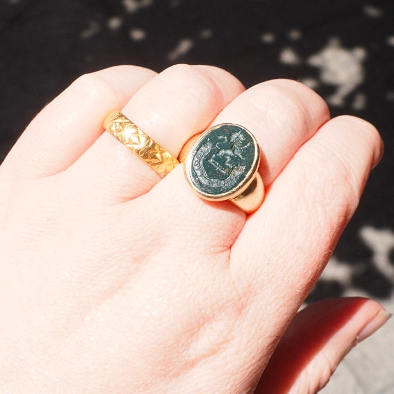 Antique Bloodstone Lion "Verus Fidelis" Intaglio 14k Gold Signet Ring