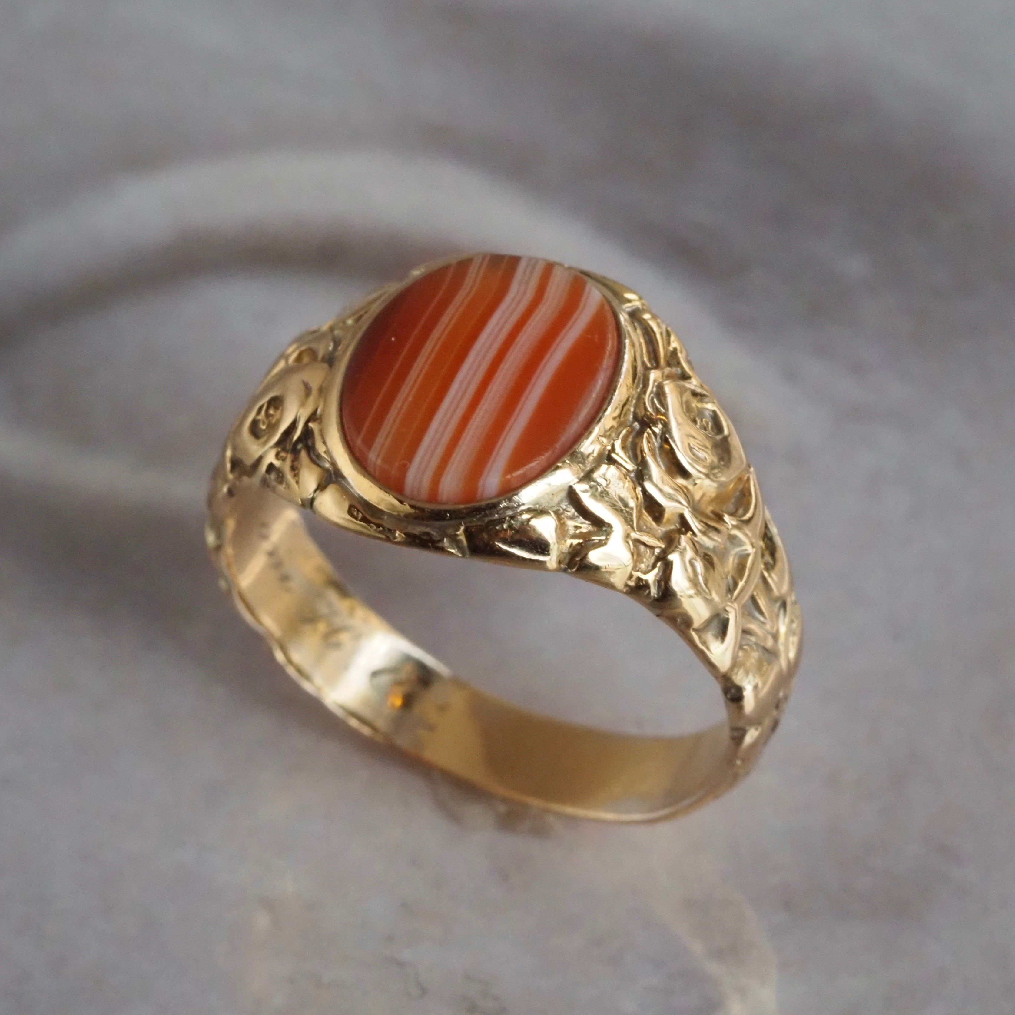 Antique Art Nouveau Banded Agate 14k Gold Roses Signet Ring