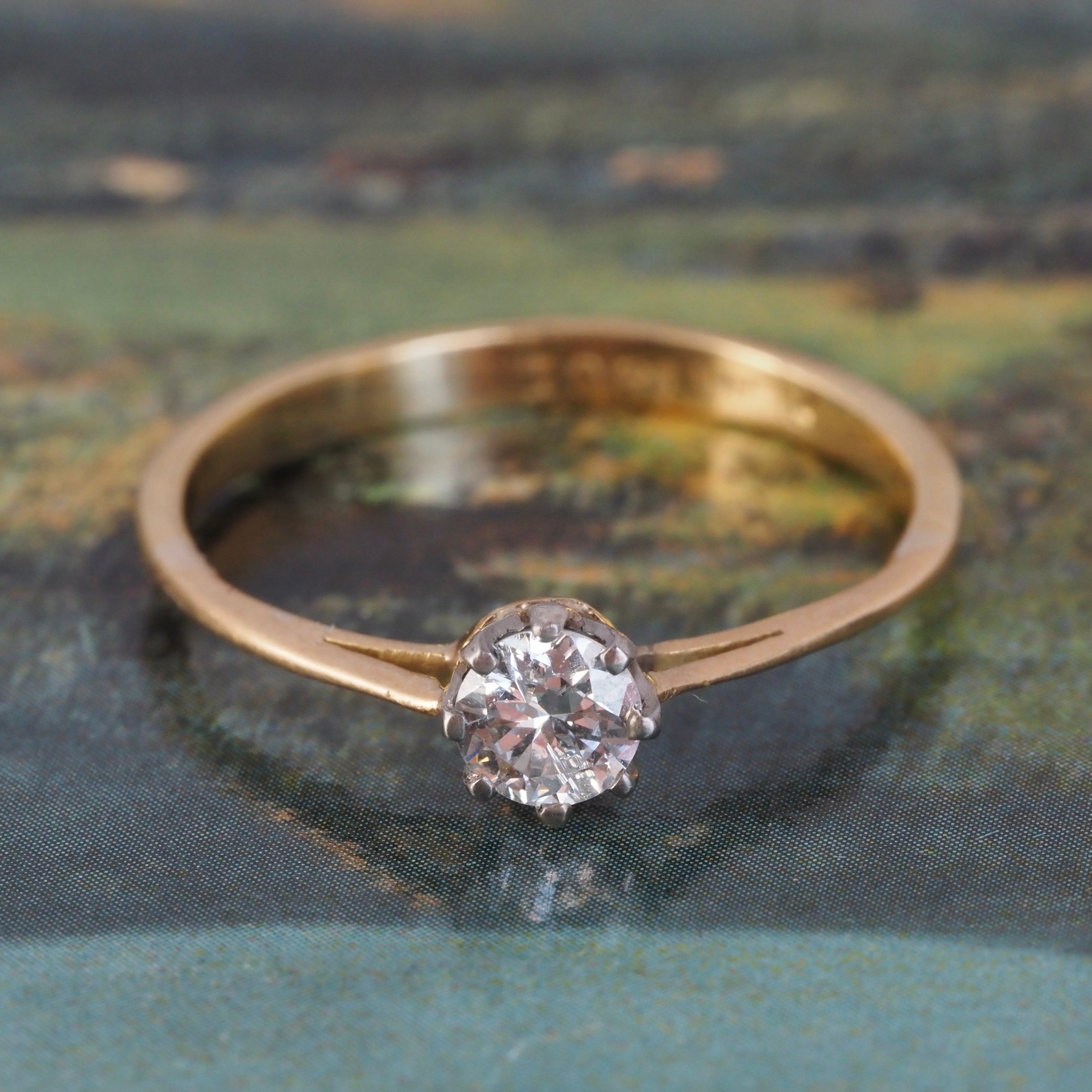 Antique English 18k Gold Platinum Round Brilliant Cut Diamond Solitaire Ring