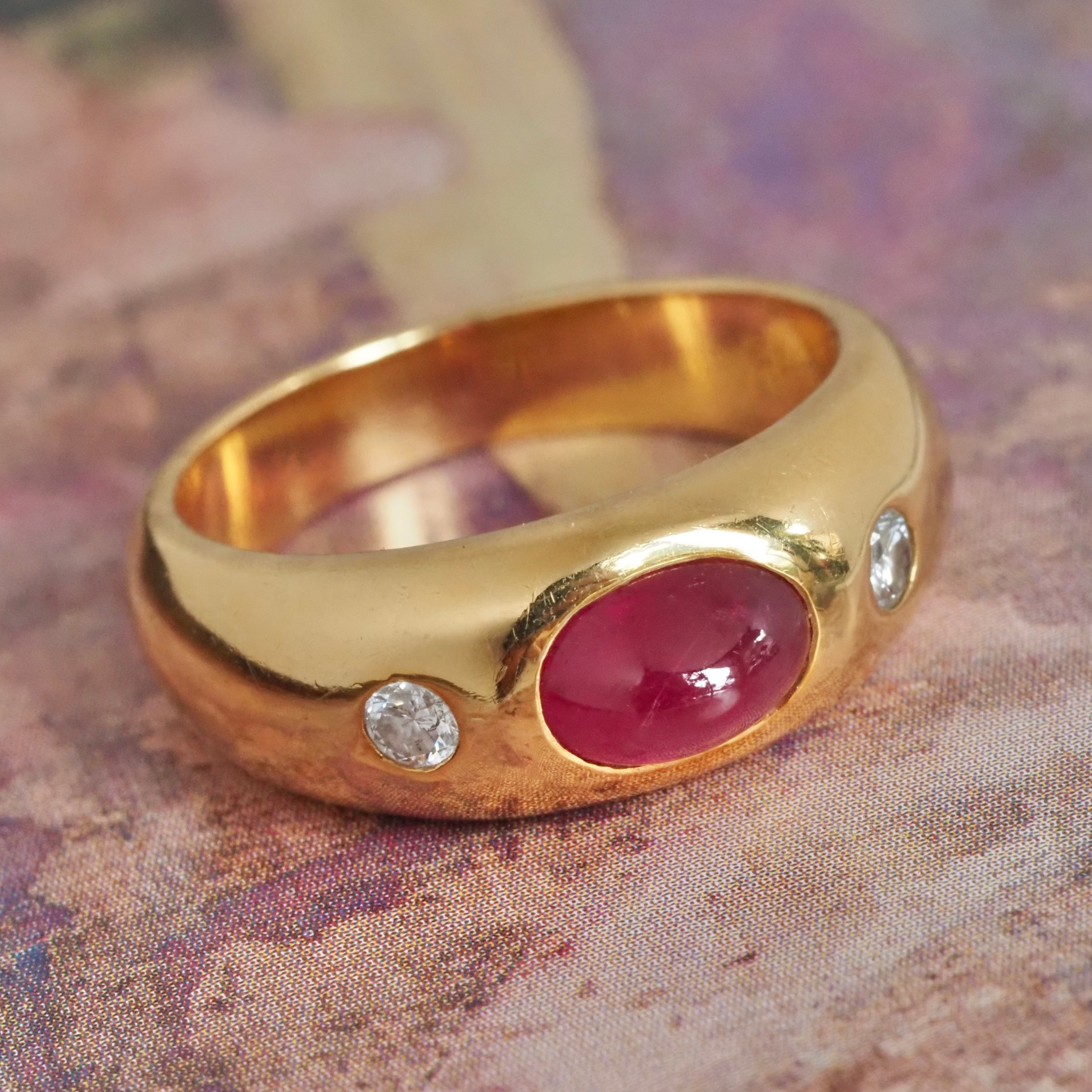 Vintage Natural Ruby and Diamond Flush Set 18k Gold Dome Ring