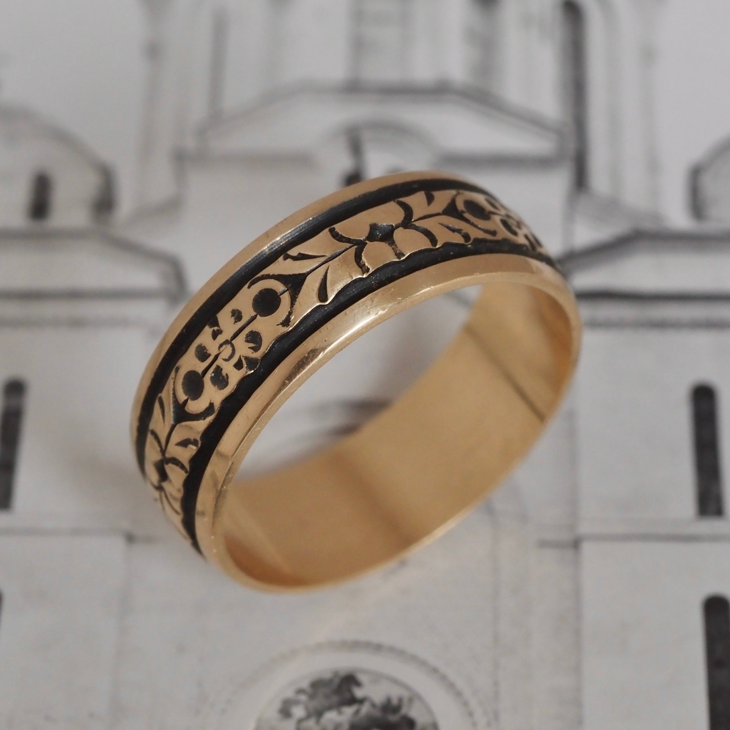 Vintage Enamel Floral 14k Gold Band