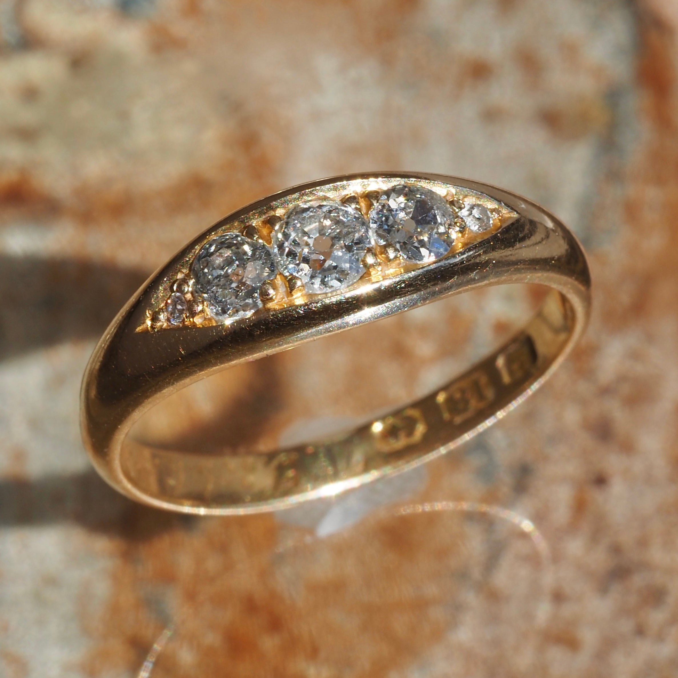Antique English c. 1902 Old Mine Cut Diamond Five Stone 18k Gold Boat Engagement Ring