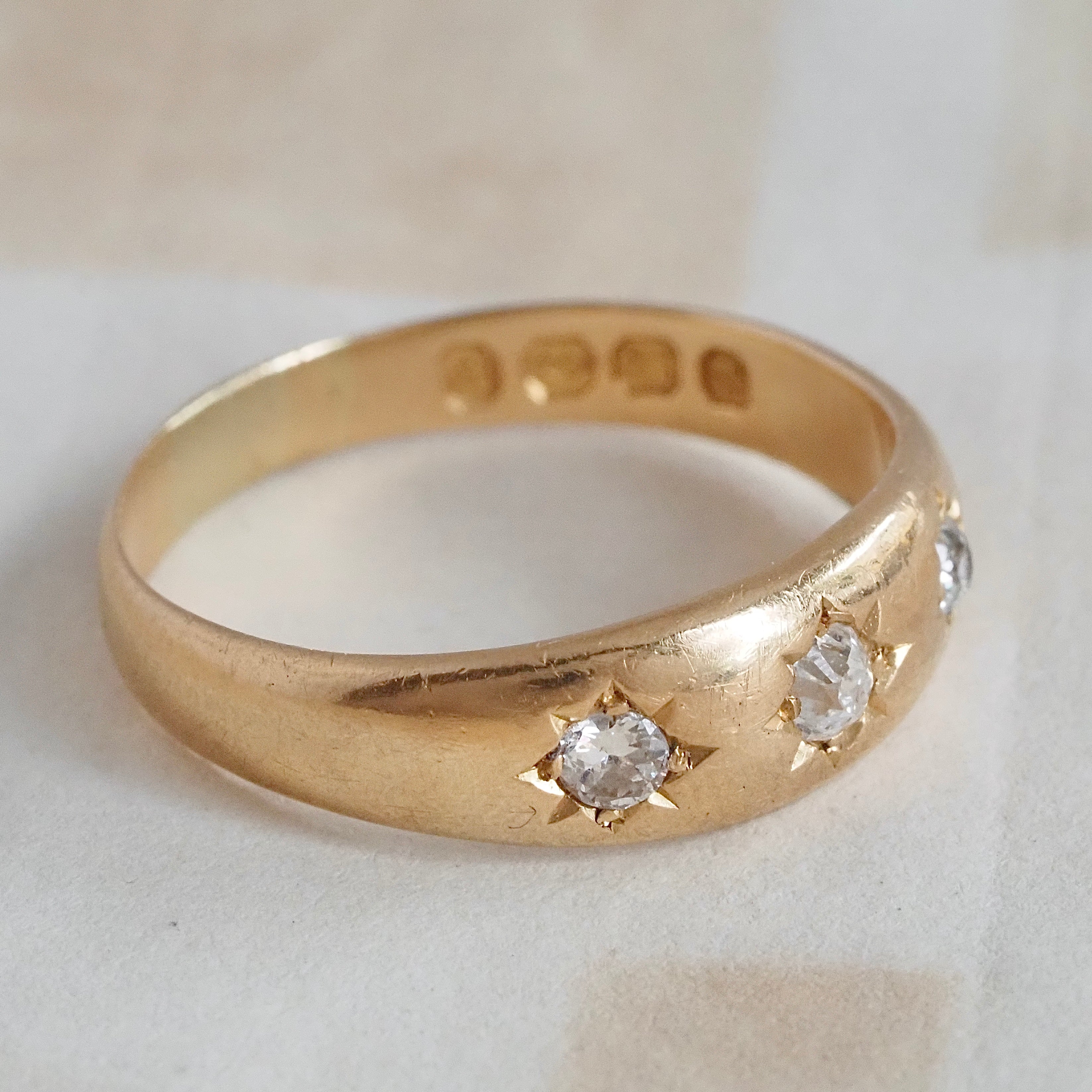 Antique c. 1890 English 18k Gold Old Mine & Old European Cut Diamond Flush Set Trilogy Ring