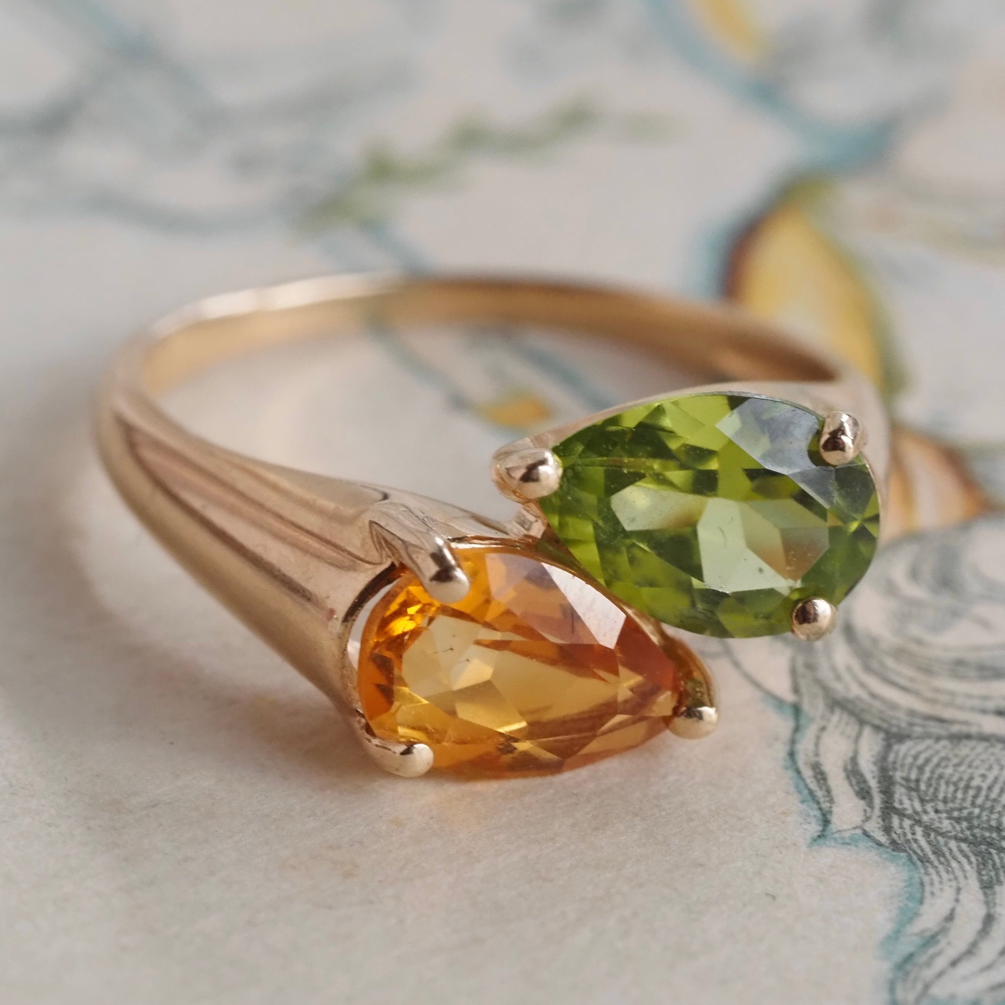 Vintage Pear Shaped Peridot and Citrine 14k Gold Ring