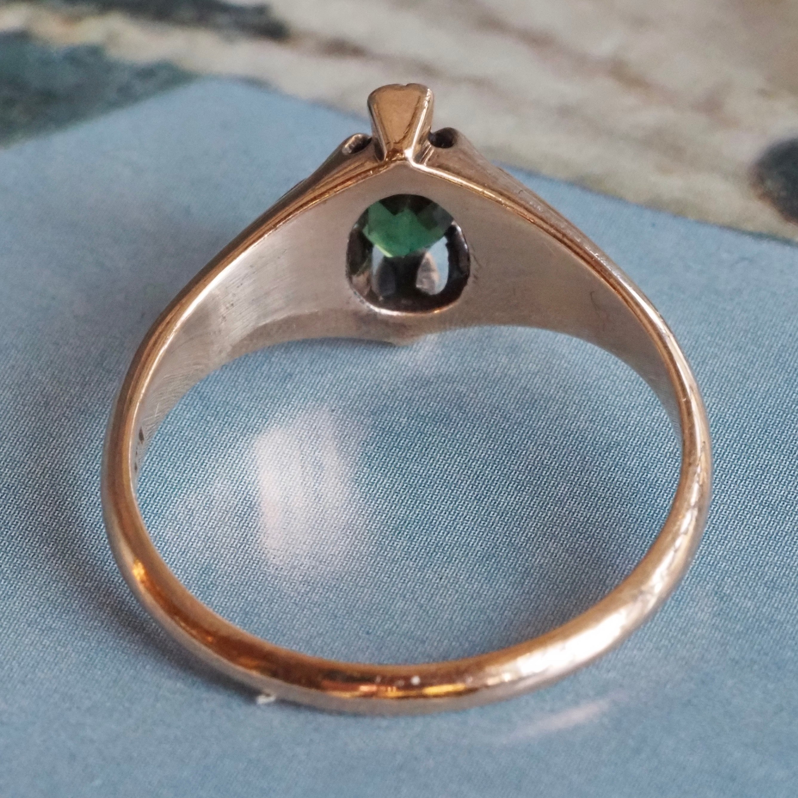 Antique Green Garnet Doublet and Diamond 10k Gold Ring