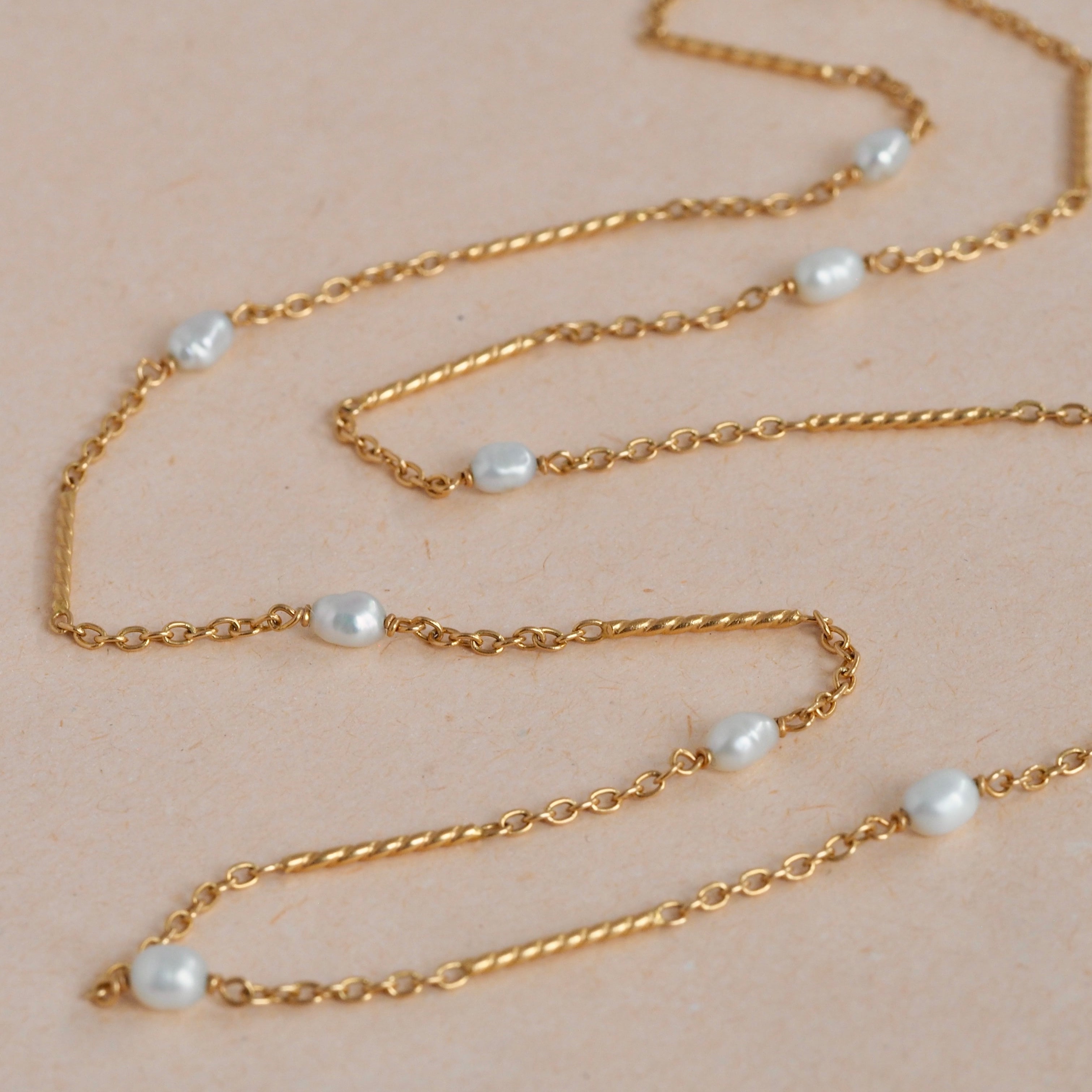 Vintage Portuguese 19k Gold and Freshwater Pearl Station Link Chain Necklace