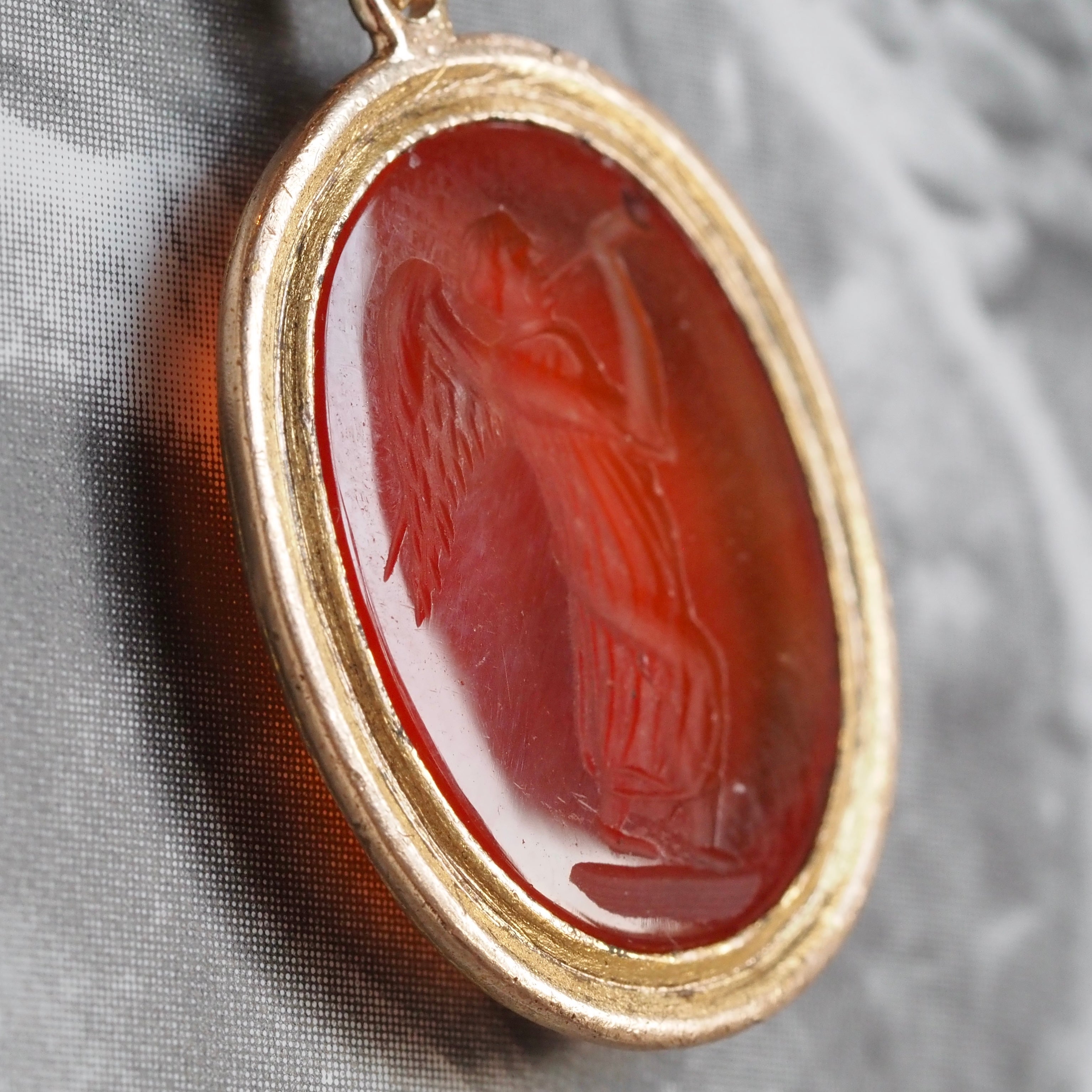 Antique Carnelian Angel Gabriel Intaglio Pendant with Vintage English 9k Gold Chain