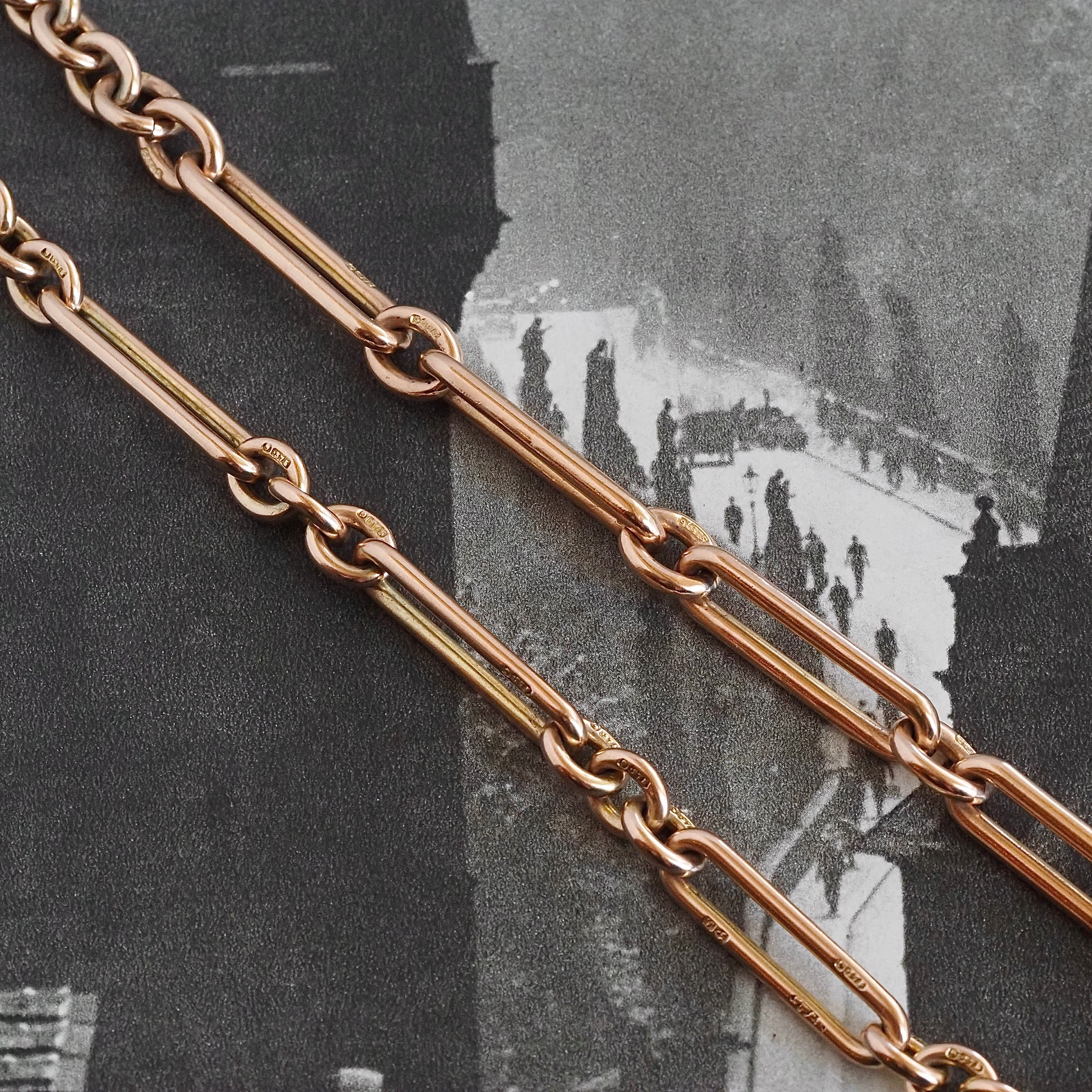 Antique c. 1901 English 9k Gold Trombone Link Albert Watch Chain Necklace with T-Bar and Dog Clips