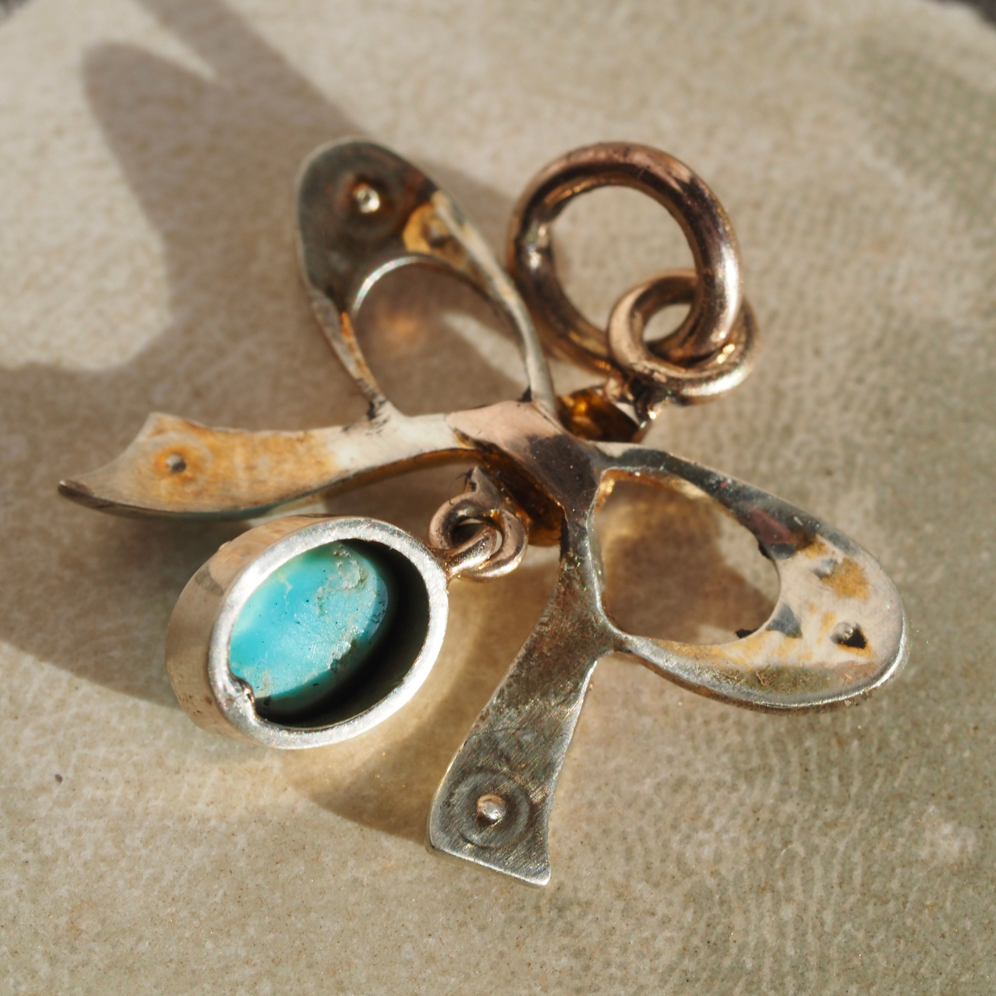 Antique Seed Pearl and Turquoise 10k Gold Bow Charm Pendant