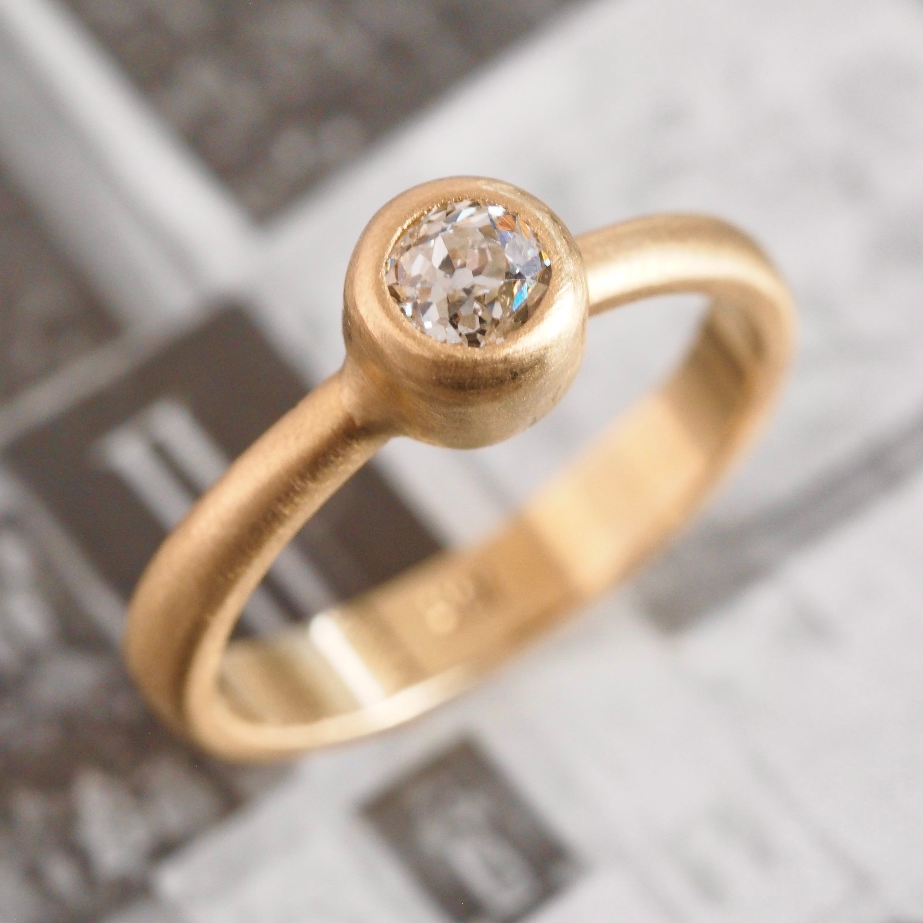 Brushed 18k Gold Old Mine Cut Diamond Bezel Set Ring