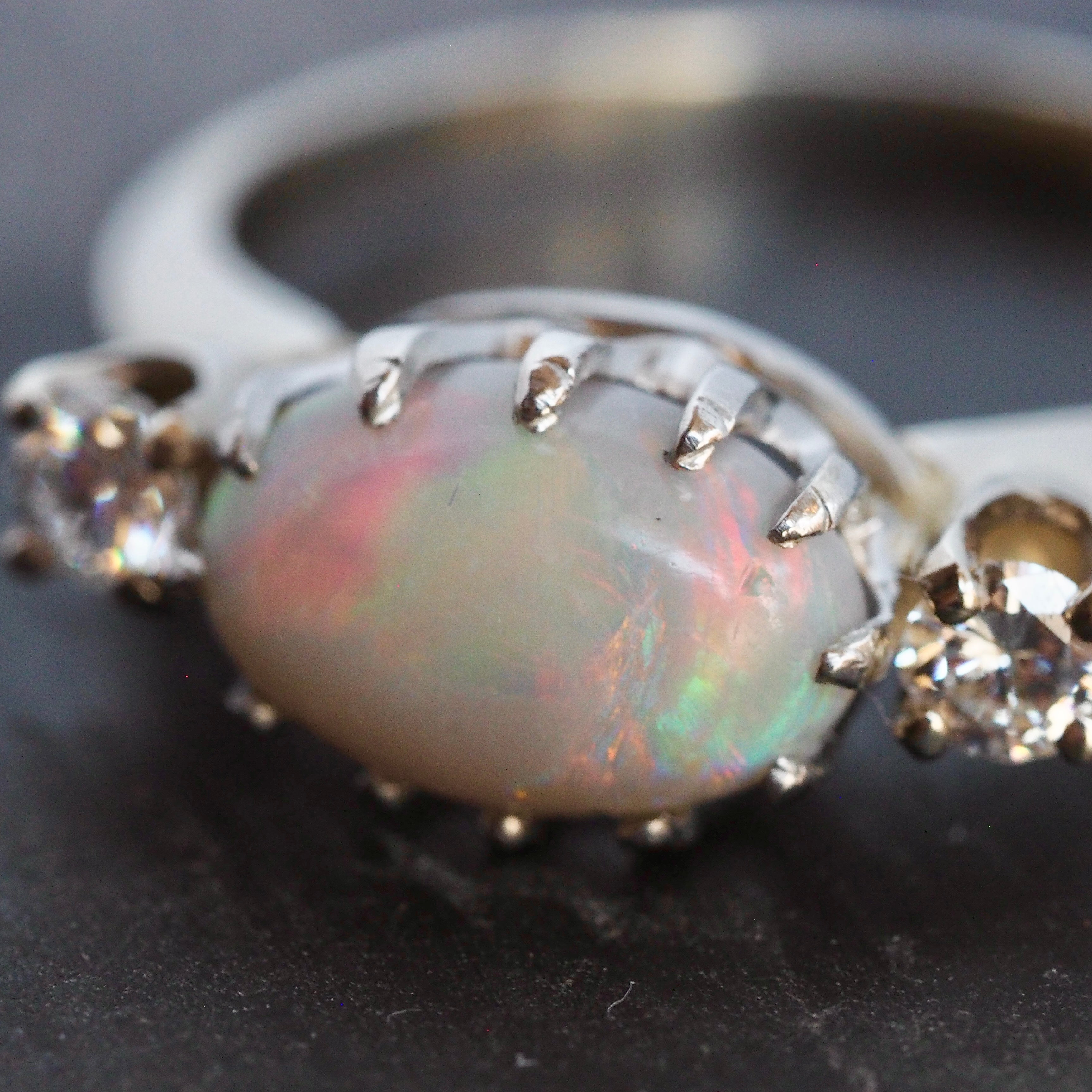 Vintage 14k White Gold Opal and Diamond Ring