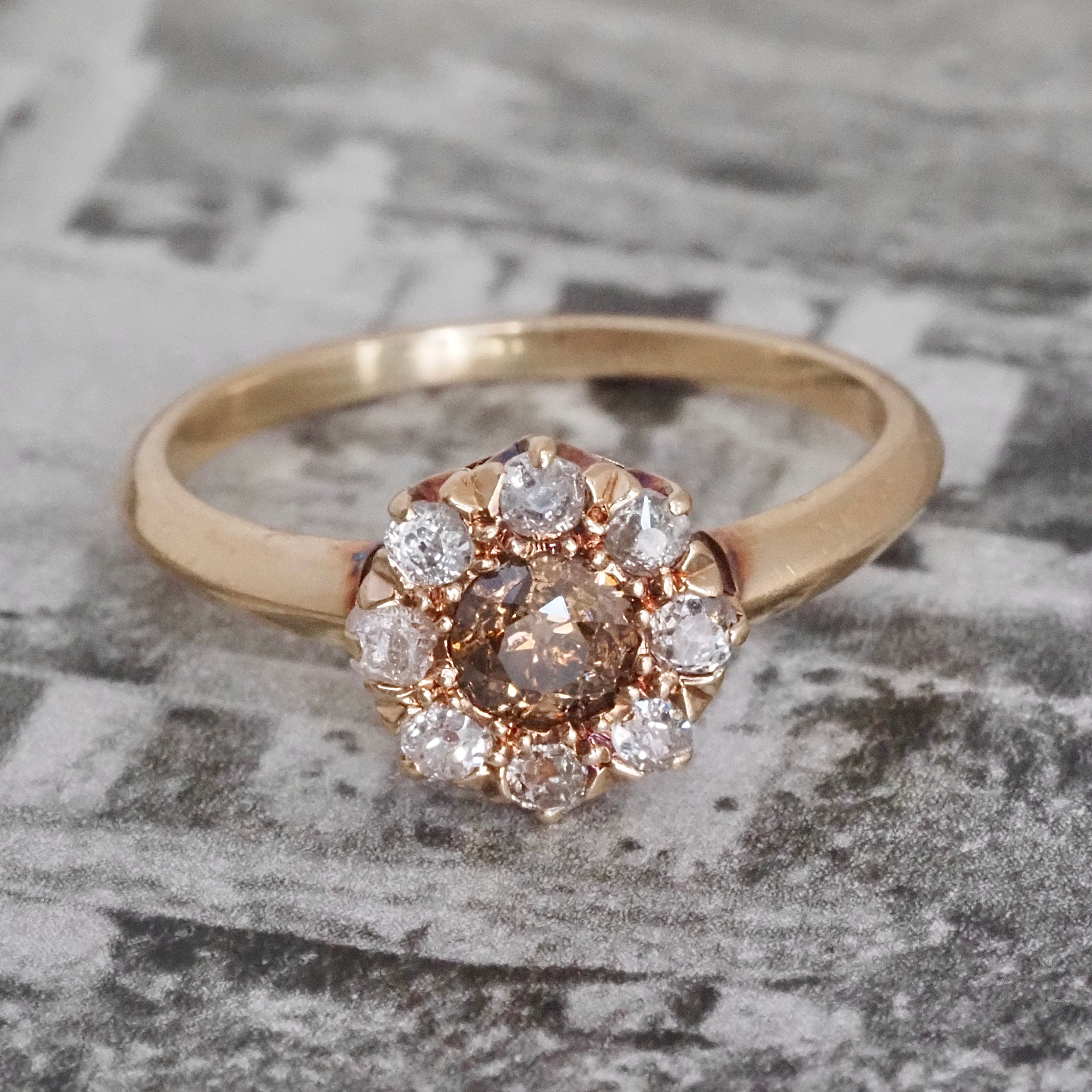Antique Edwardian Brown Old European Cut Diamond Halo Cluster 14k Gold Engagement Ring