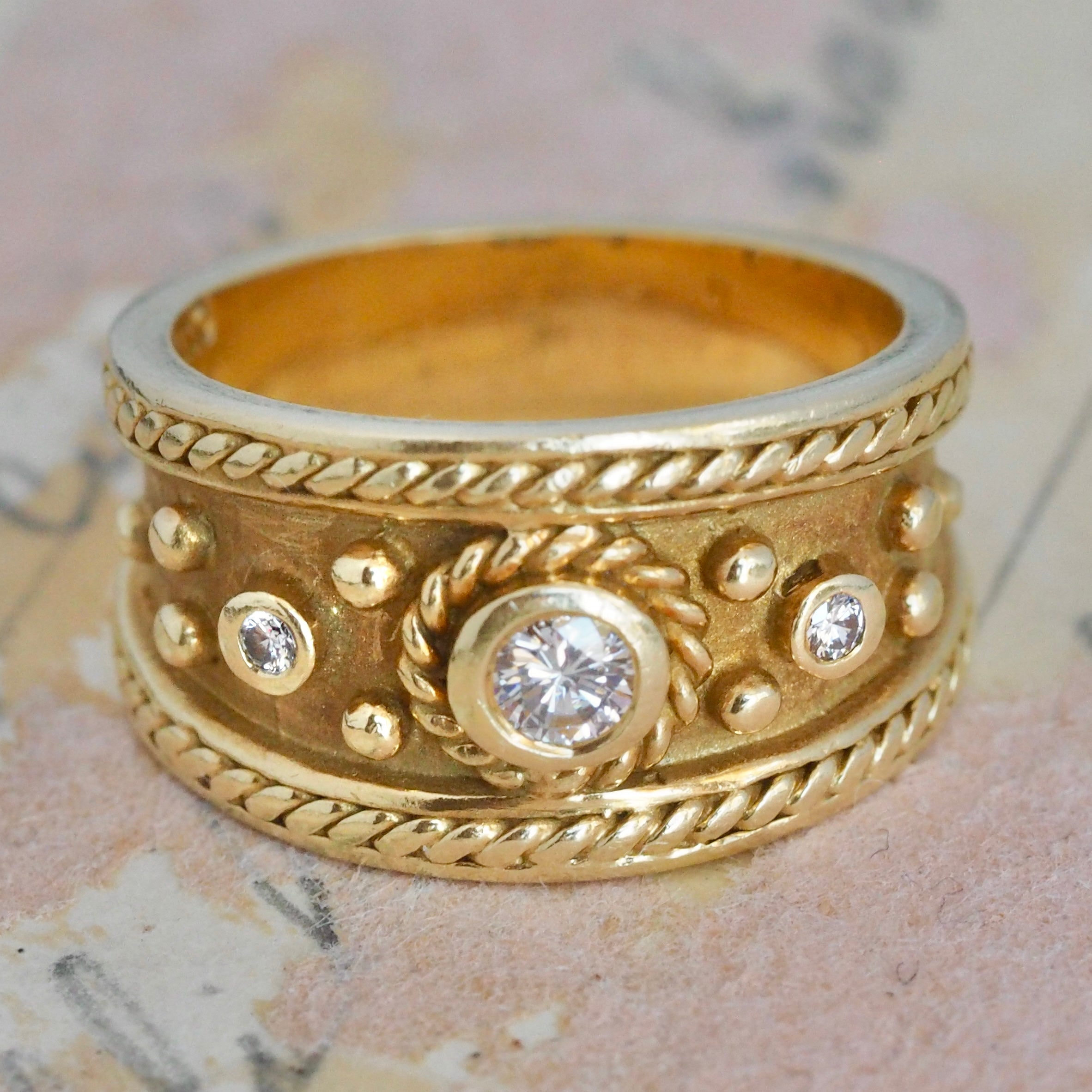 Vintage Etruscan Style 18k Gold Diamond Thick Band