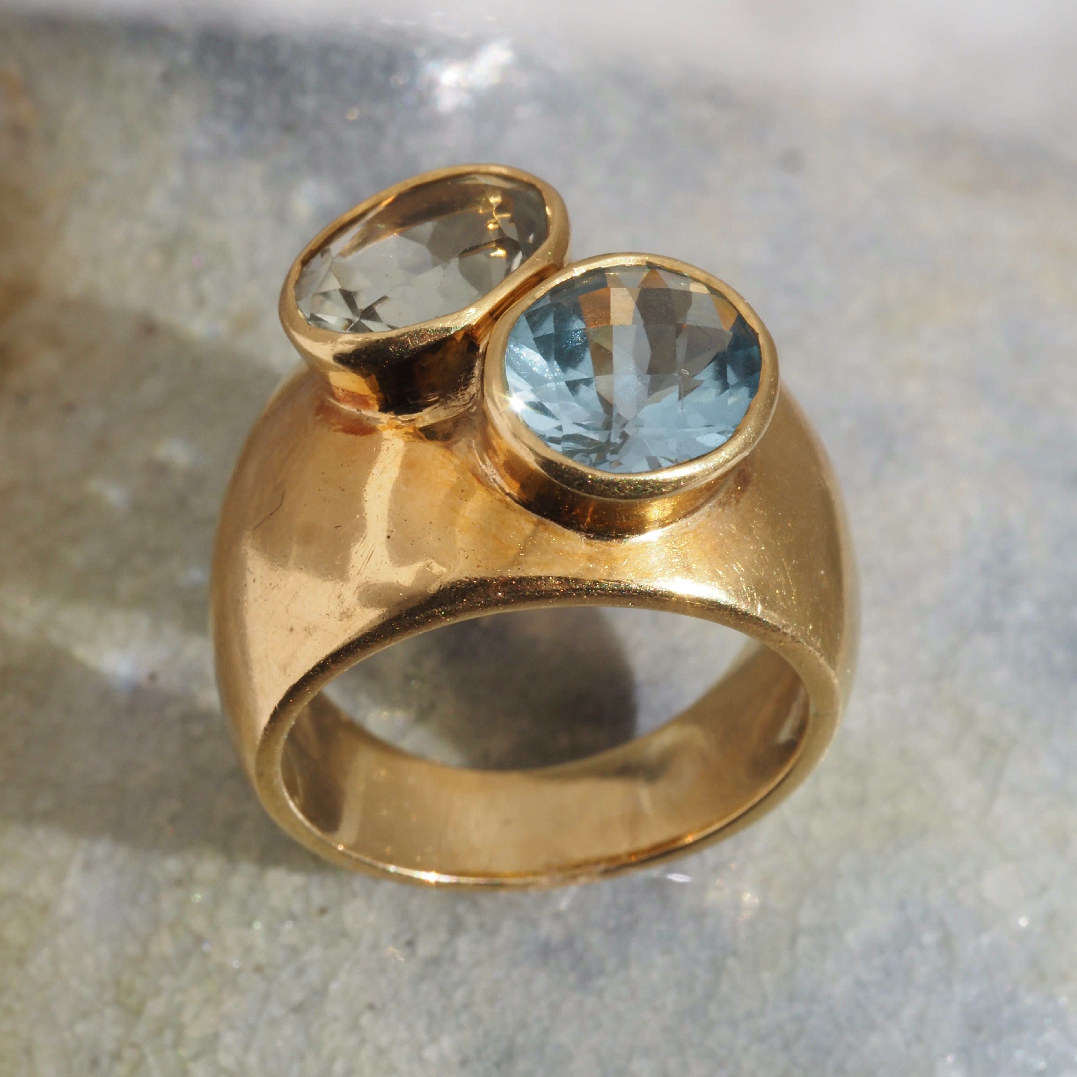 Vintage Topaz and Prasiolite Double Bezel Set 18k Gold Ring