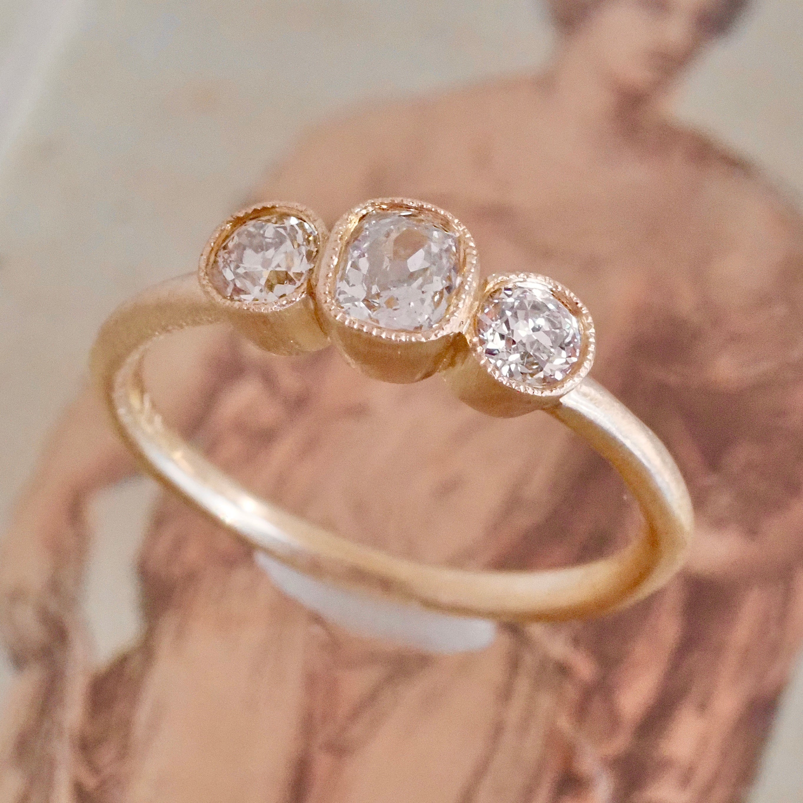 Old Mine Cut and Old European Cut Diamond Trilogy 14k Gold Engagement Ring