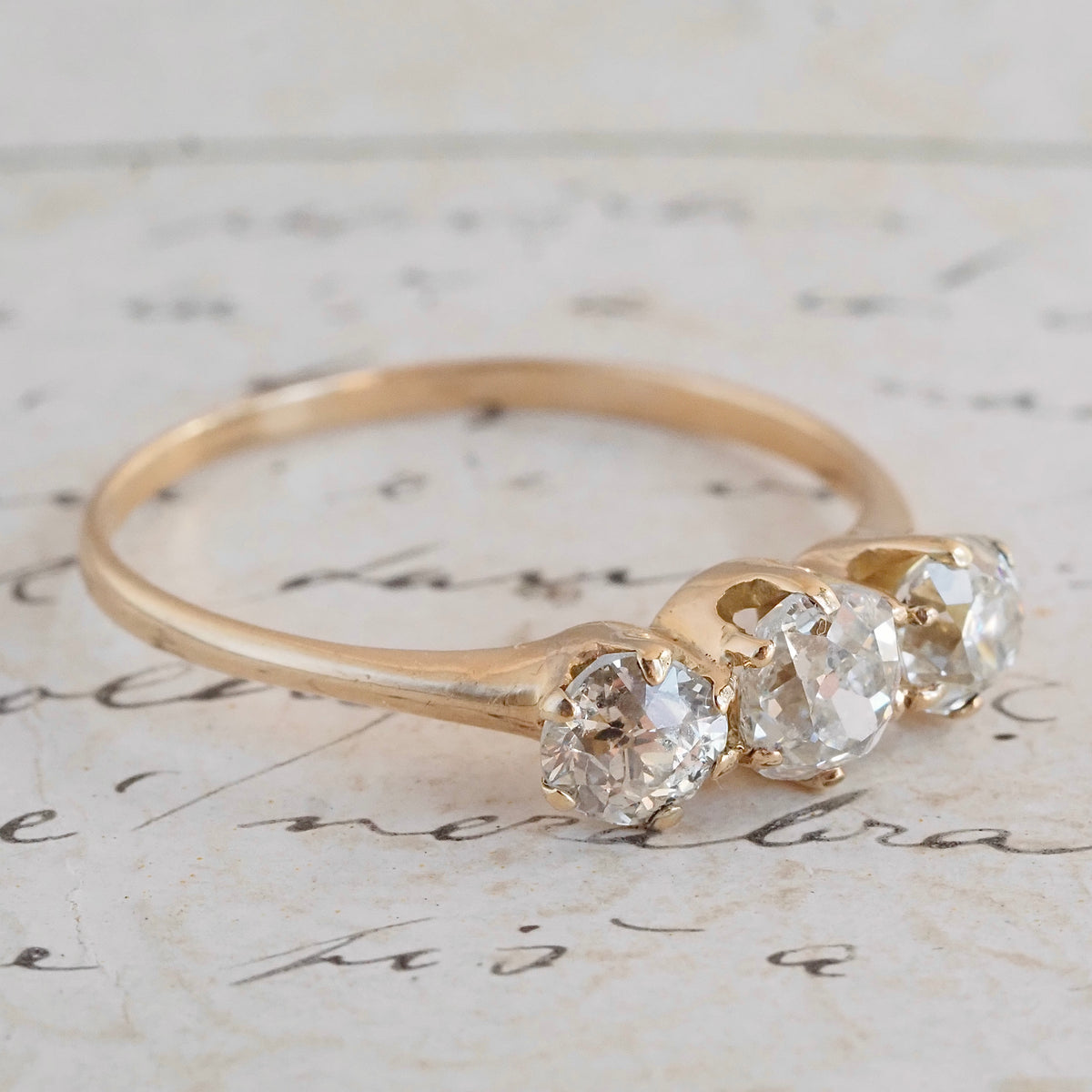 Antique Trilogy Old Mine Cut Diamond 14k Gold Engagement Ring