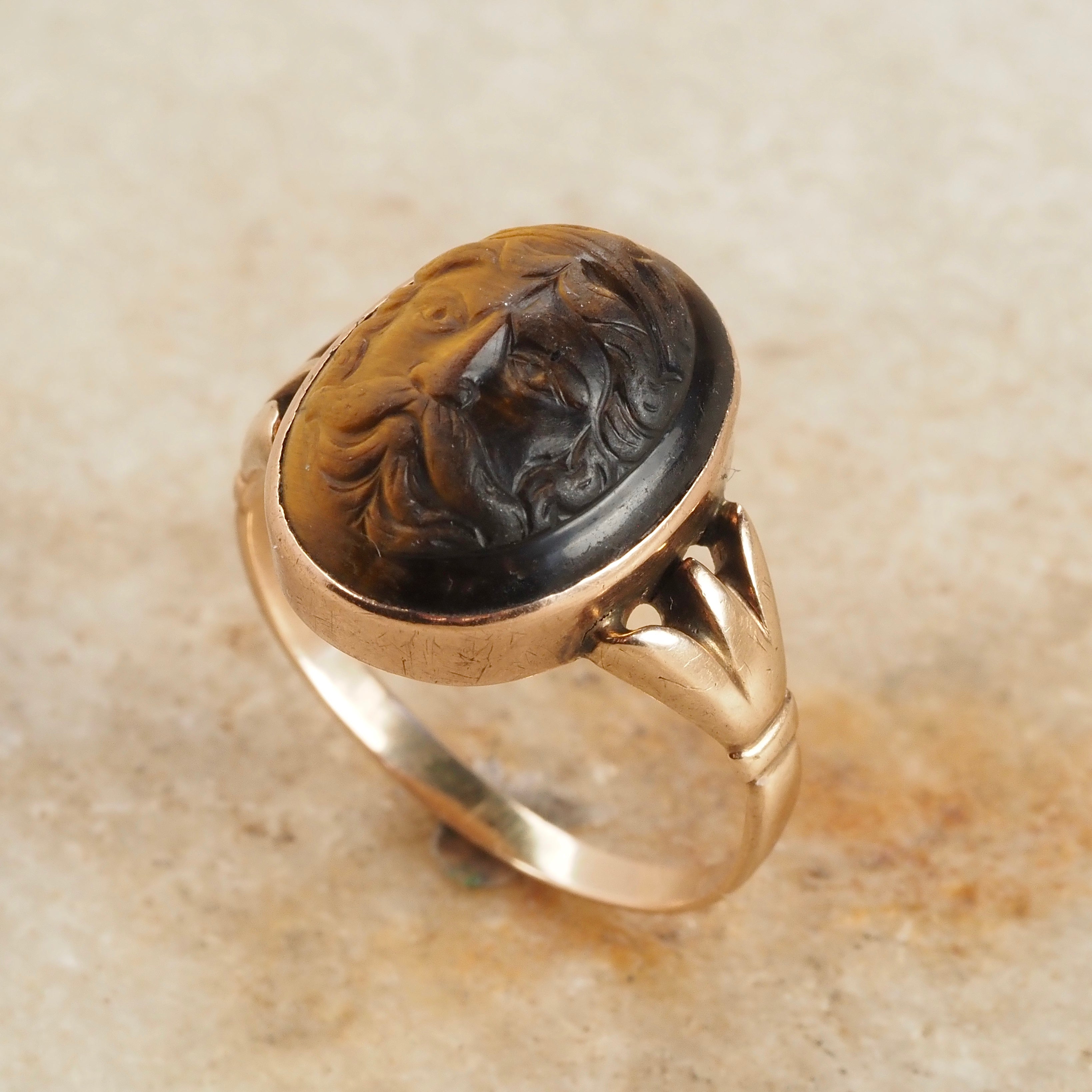 Antique Victorian Carved Zeus Tiger's Eye 10k Gold Ring