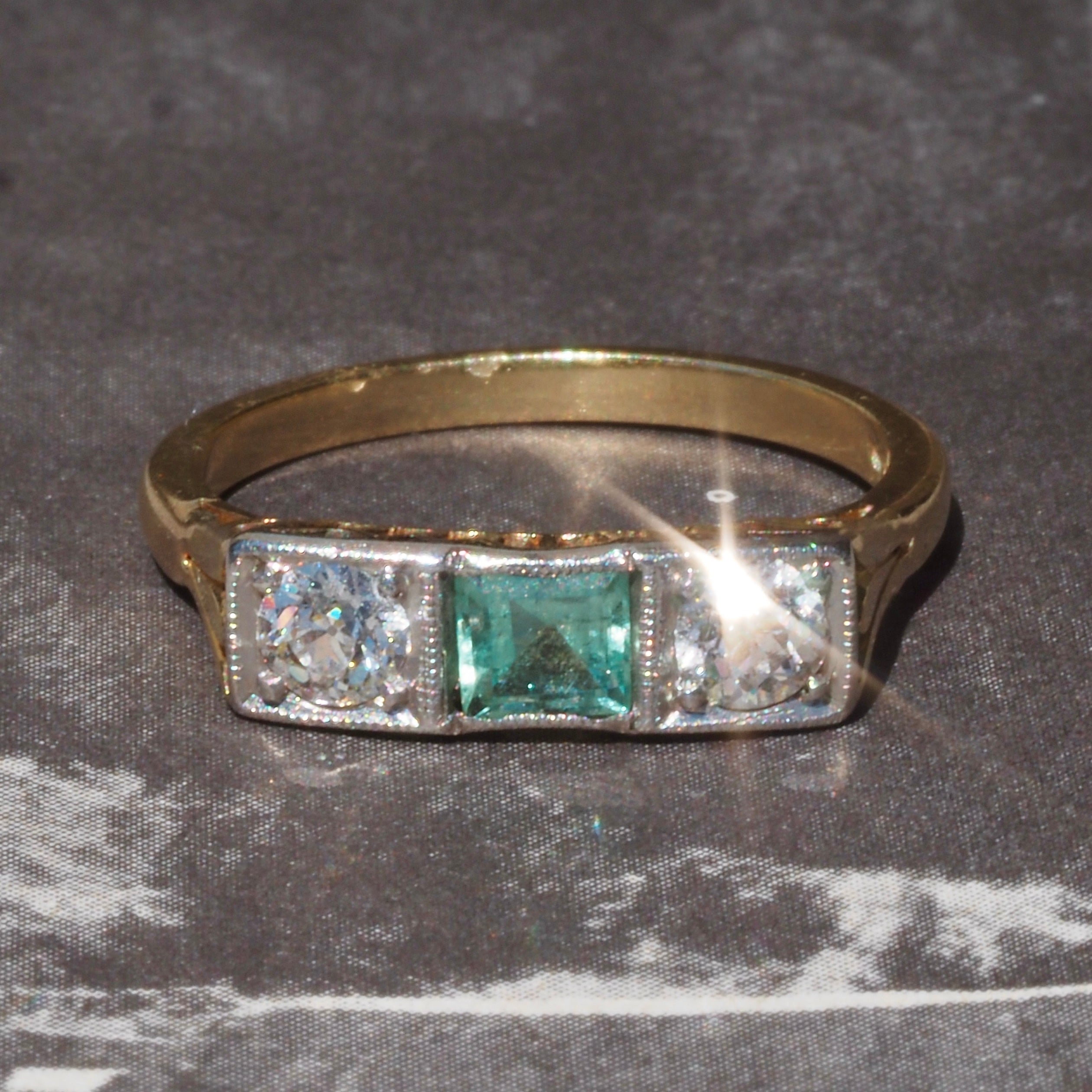 Antique Art Deco Trilogy Emerald and Old European Cut Diamond 14k Gold Ring