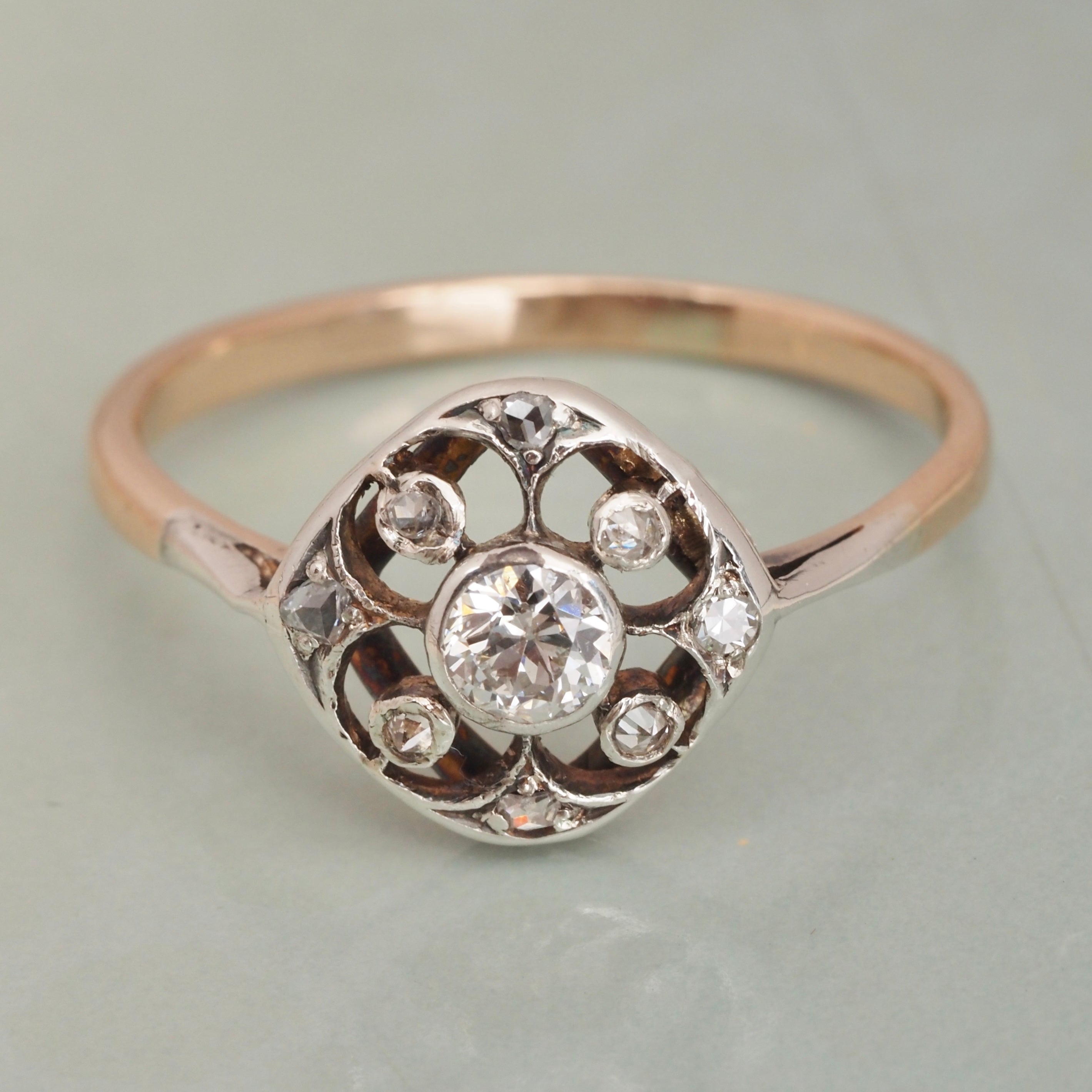 Antique Edwardian 14k Gold Old European Cut Diamond Quatrefoil Ring