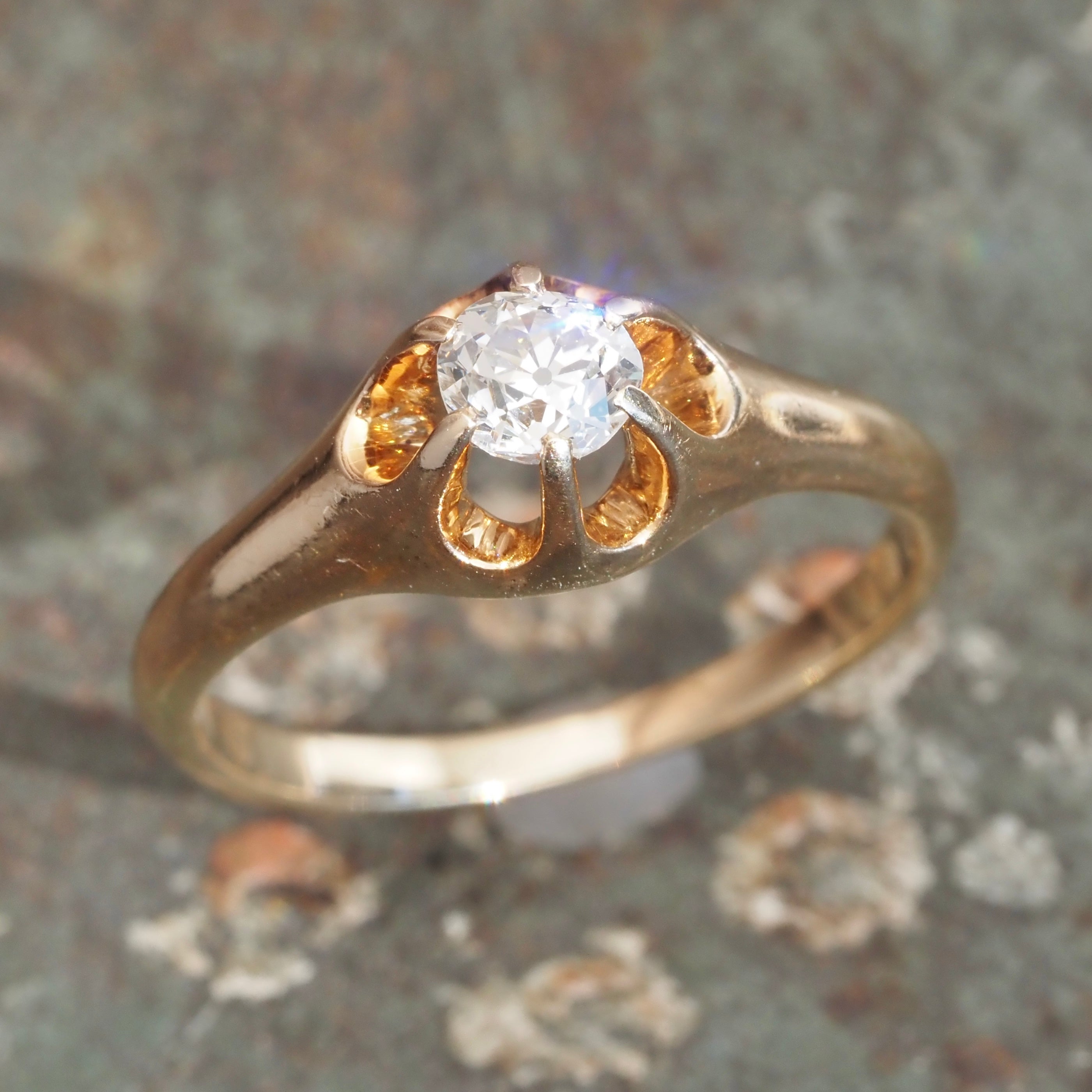 Antique 14k Gold Belcher Set Old Mine Cut Diamond Ring