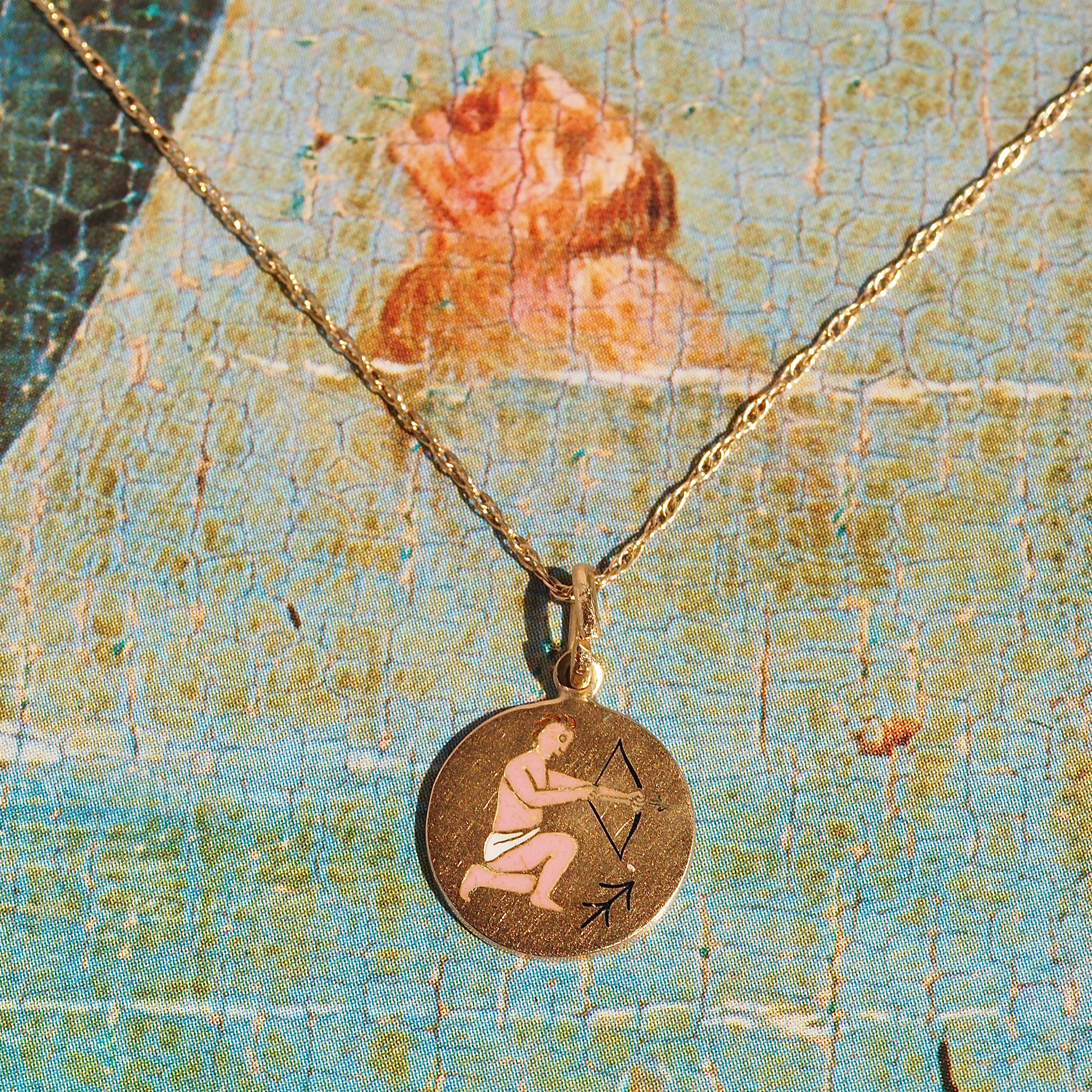 Vintage 14K Gold Enamel Sagitarius Necklace