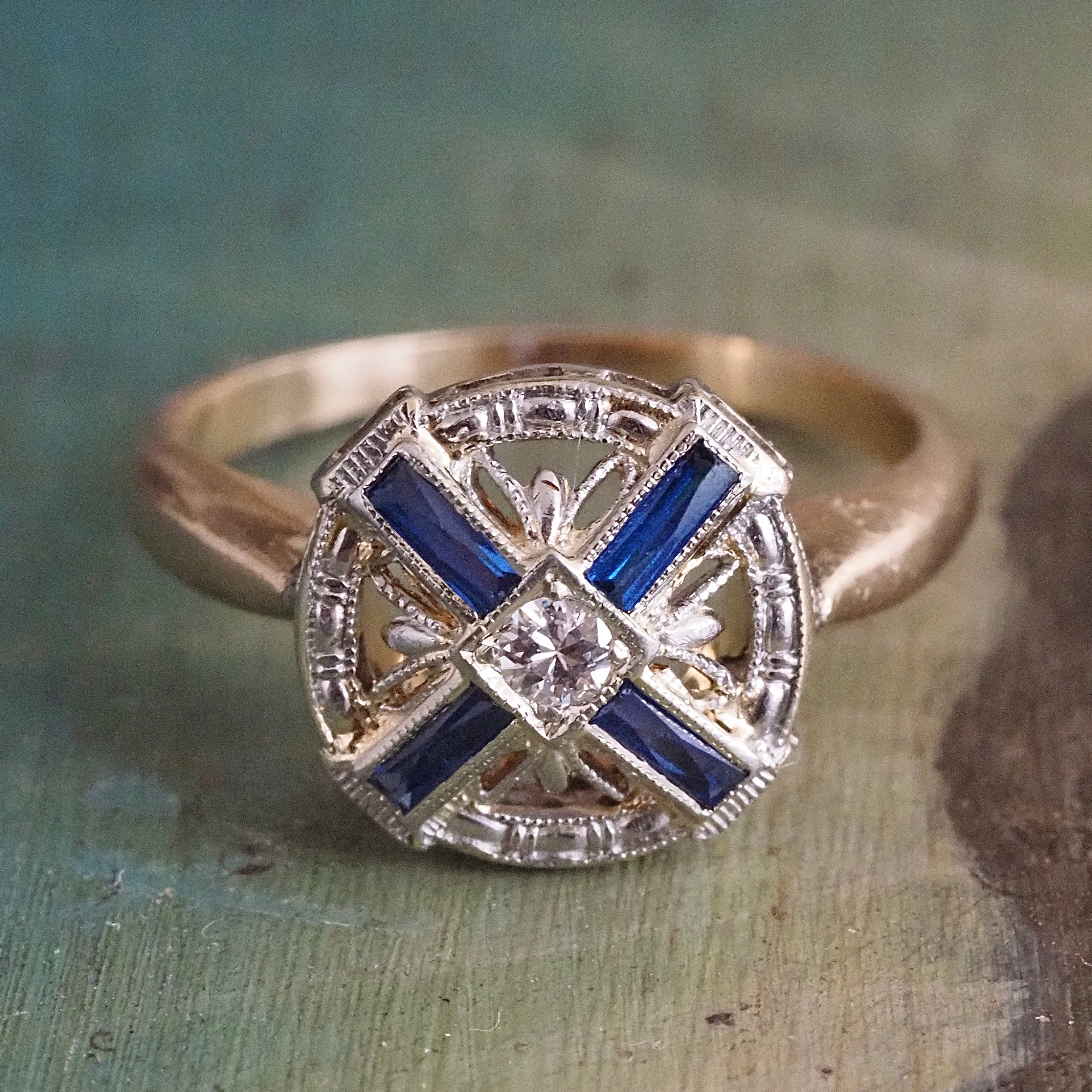 Art Deco Sapphire and Diamond 14k Gold Ring