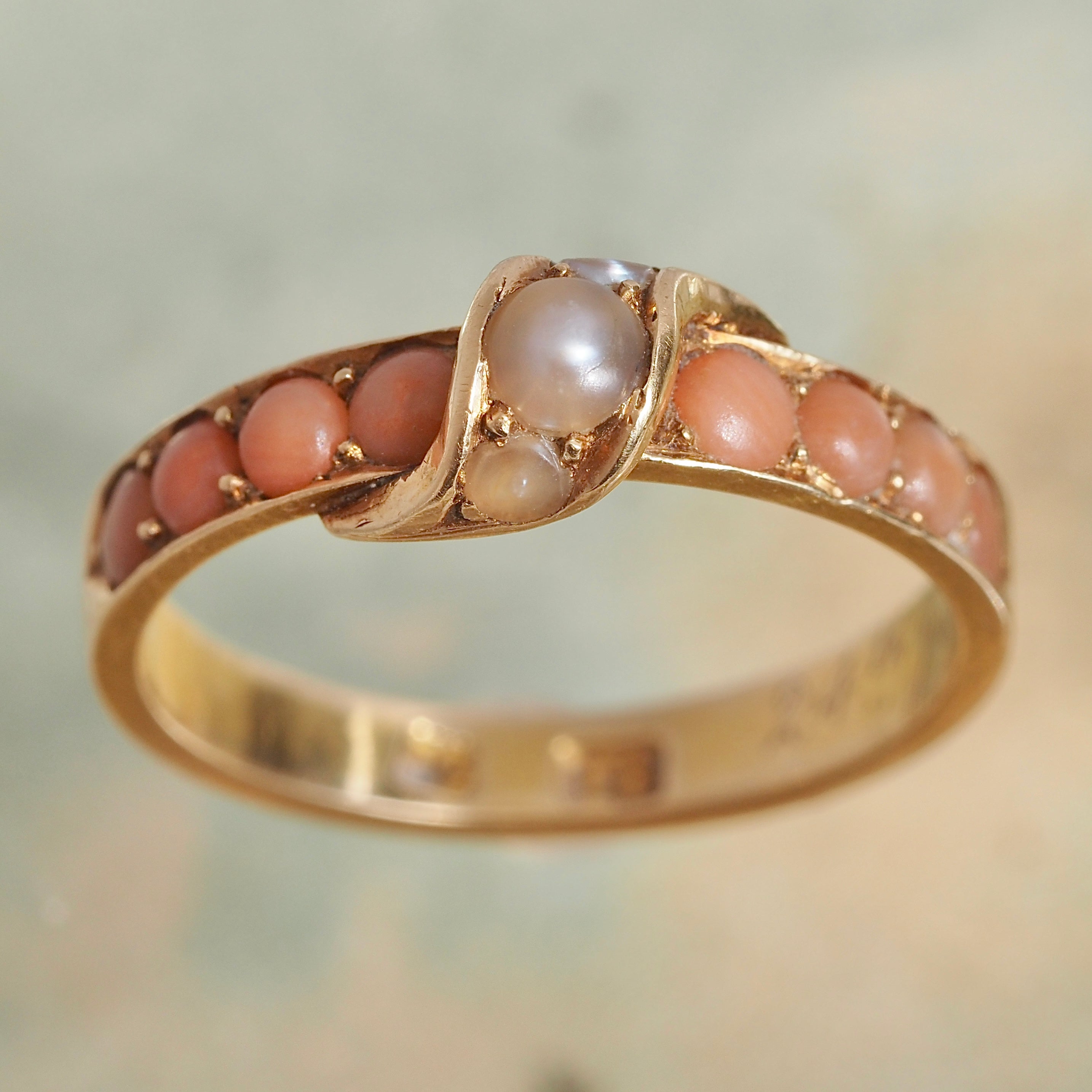 Antique Victorian c. 1867 Seed Pearl Coral 18k Gold Ring
